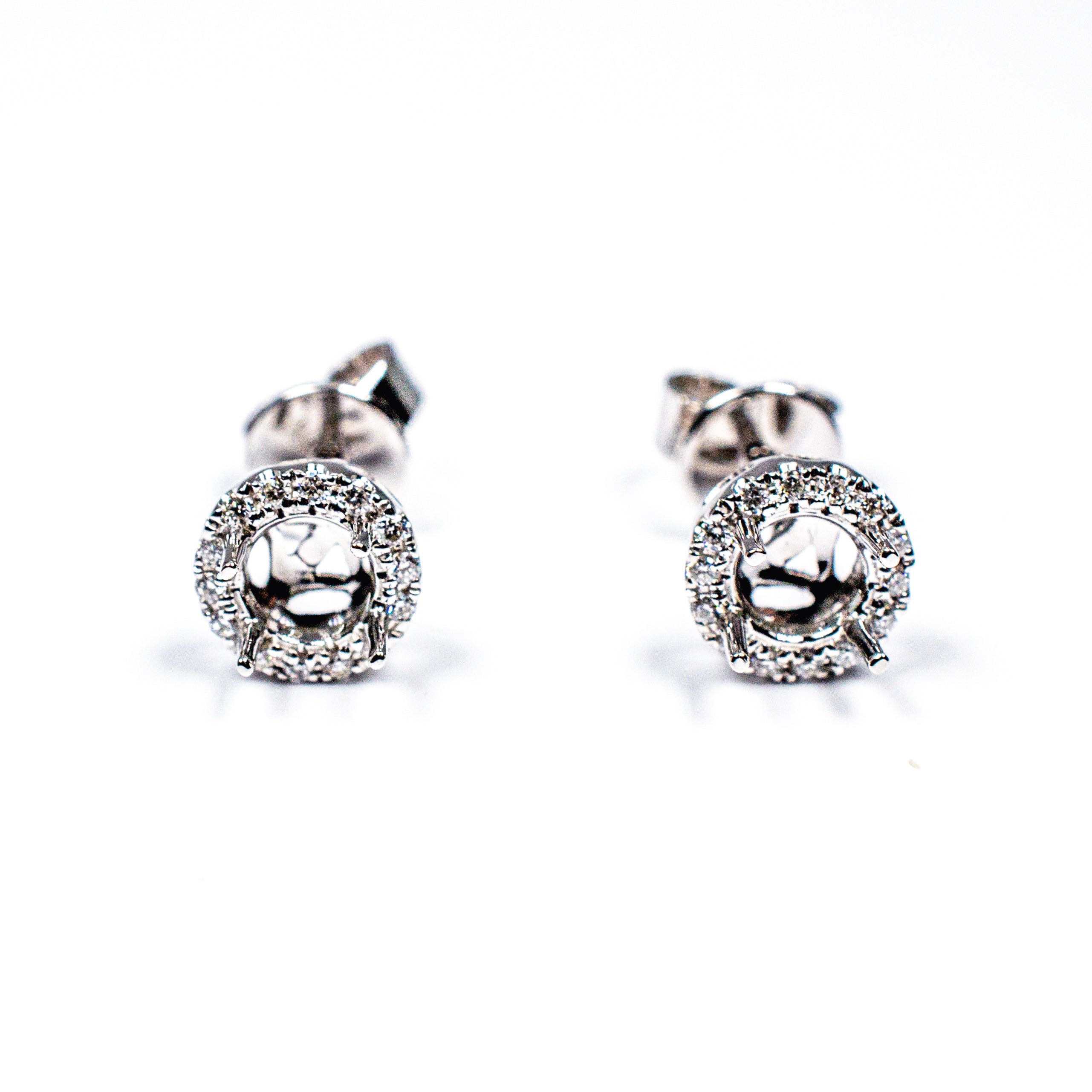 14K White Gold Diamond Halo Semi-Mount Stud Earrings