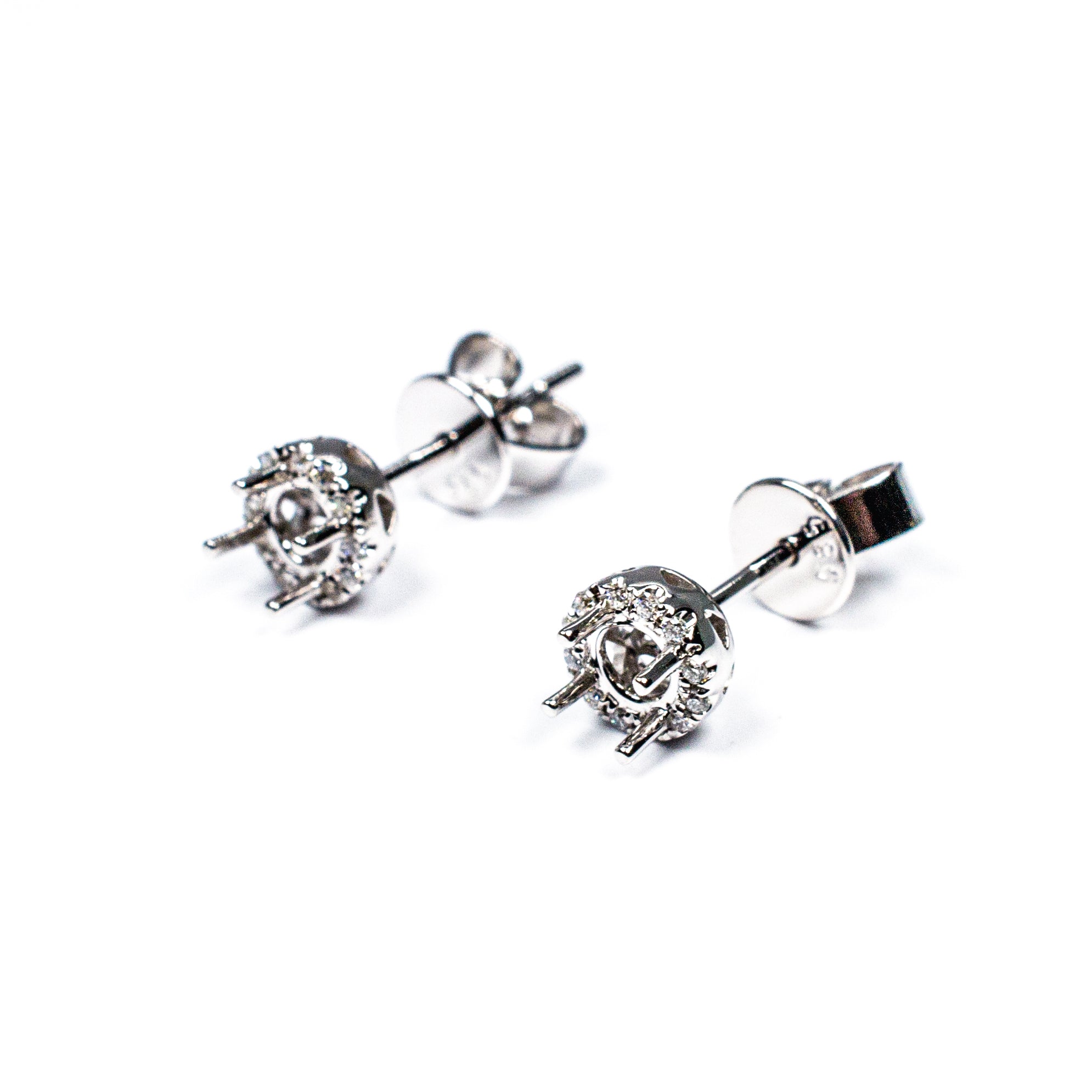 14K White Gold Diamond Halo Earring Settings – Semi-Mount Stud Earrings