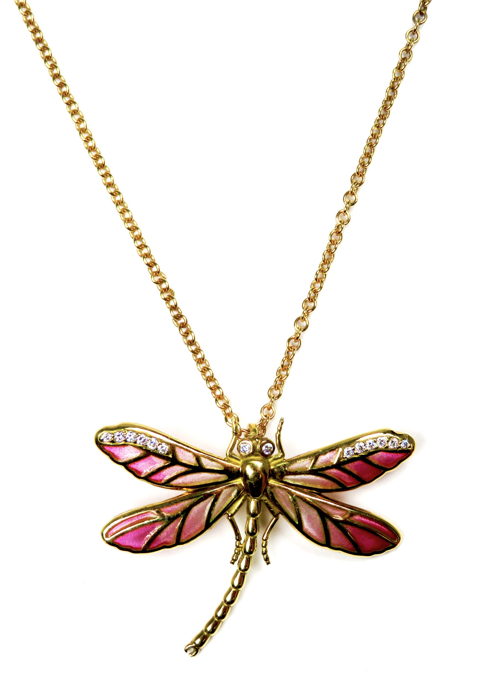 18K Yellow Gold Pink Enamel & Diamond Dragonfly Pendant Necklace