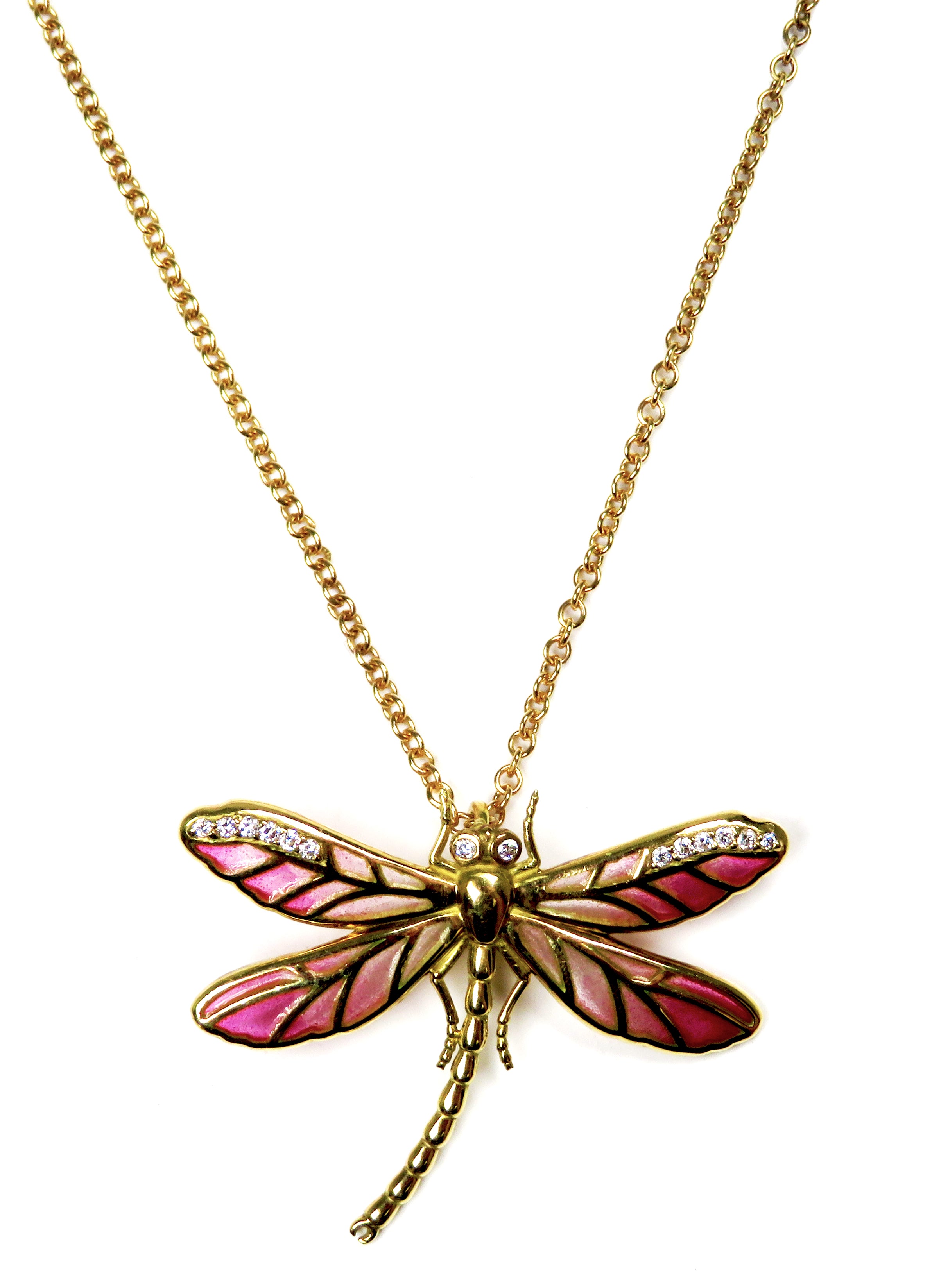 18K Yellow Gold Pink Enamel & Diamond Dragonfly Pendant Necklace