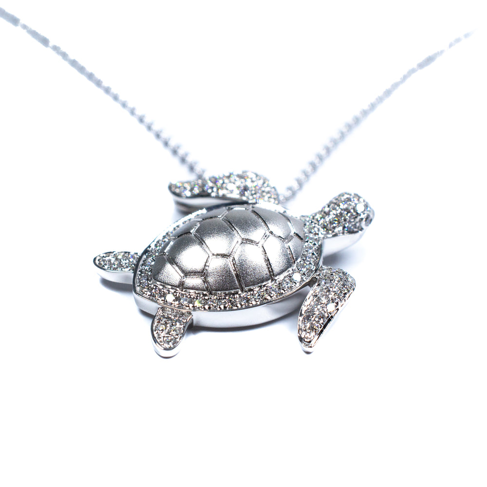 14K White Gold Pavé Diamond Honu Turtle Pendant Necklace