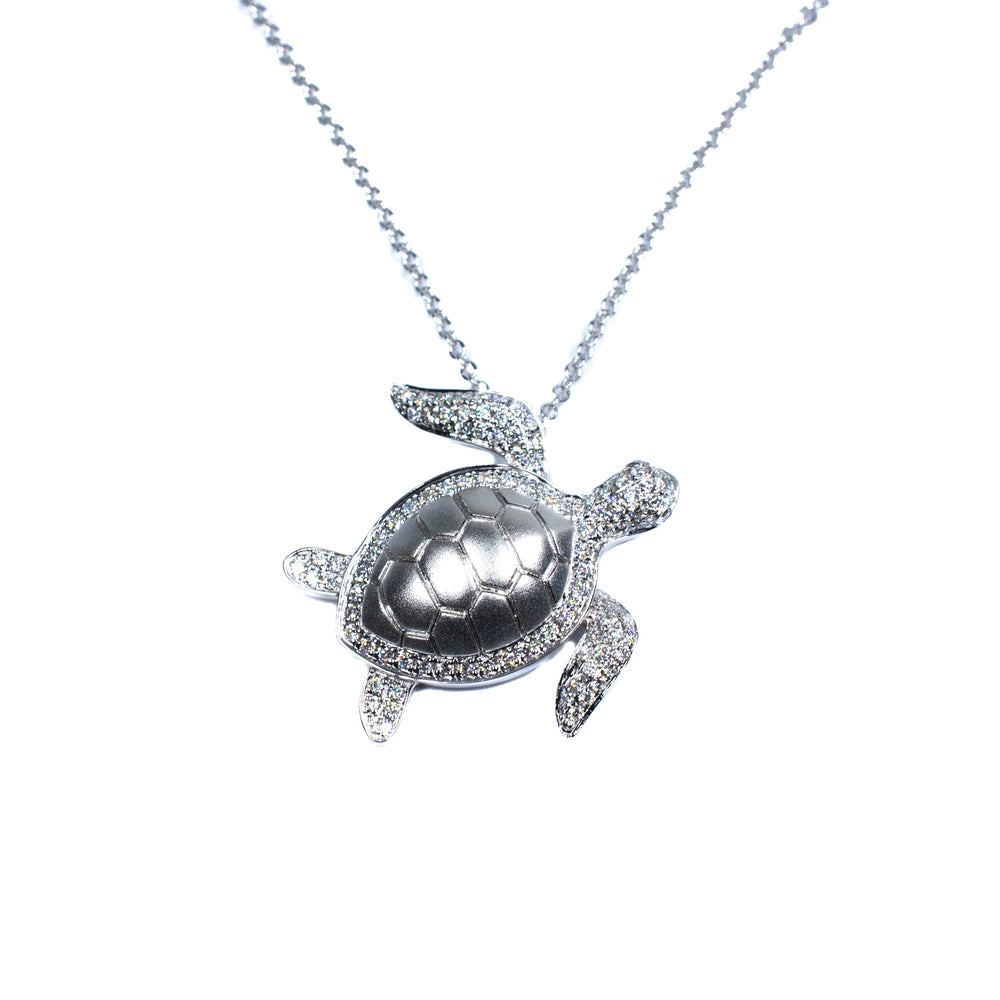 14K White Gold Pavé Diamond Honu Turtle Pendant Necklace