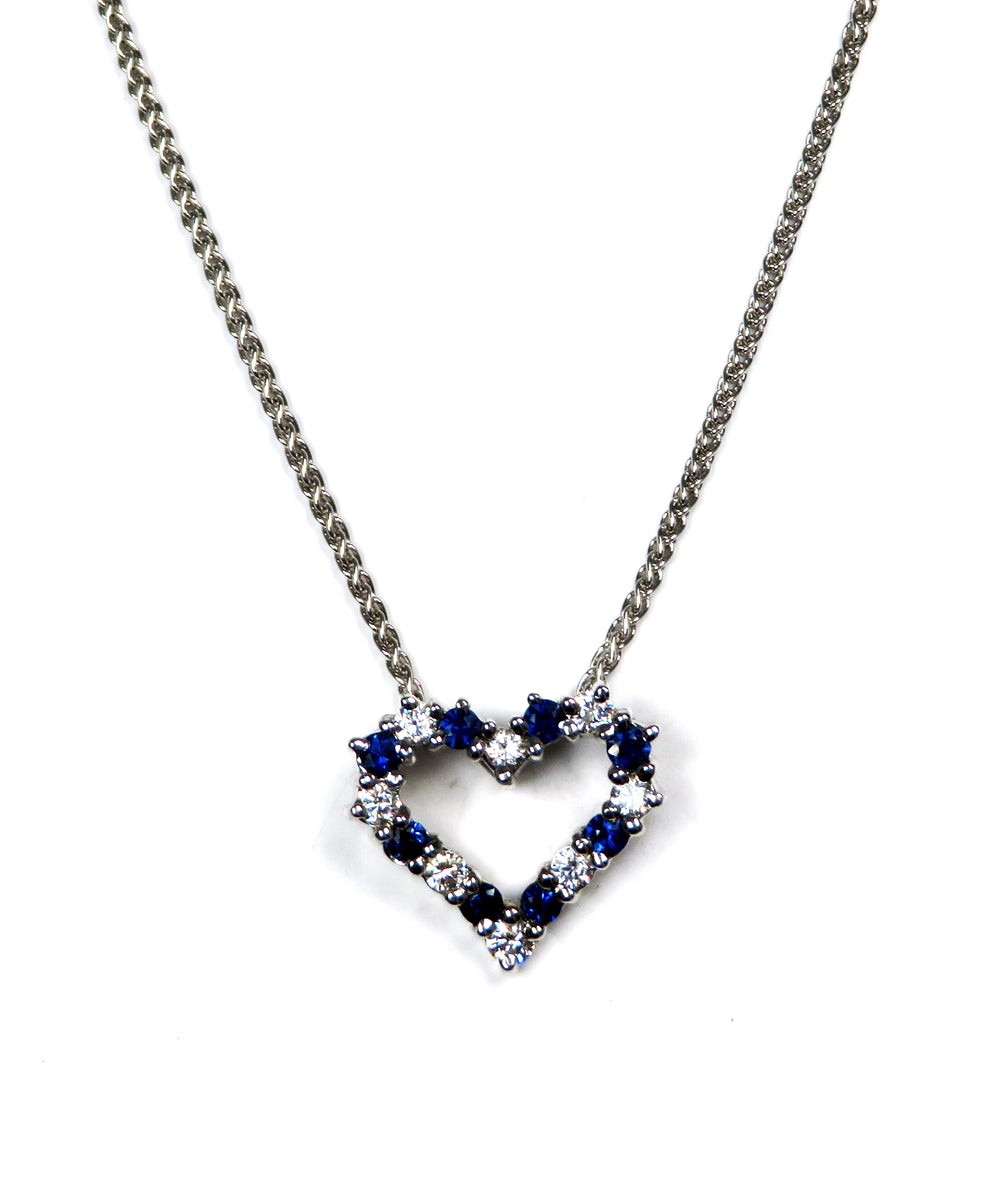 14k White Gold Blue Sapphire & Diamond Heart Pendant Necklace