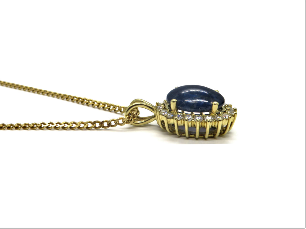 18K Yellow Gold Burmese Cabochon Sapphire & Diamond Pendant Necklace (AGL Certified)