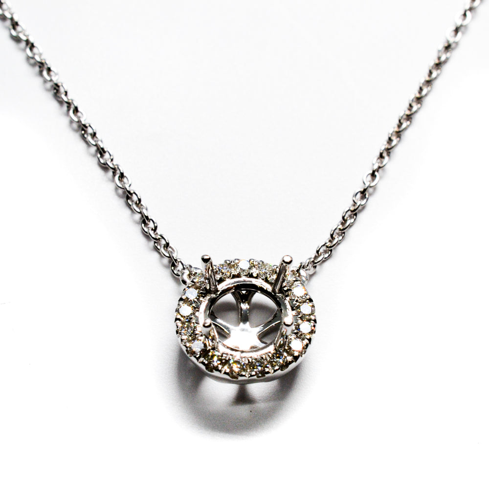 14K White Gold Diamond Halo Pendant Setting – Semi-Mount Necklace