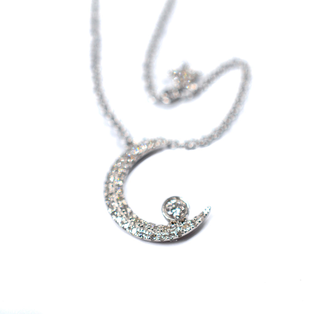 14K White Gold Diamond Crescent Moon & Star Necklace