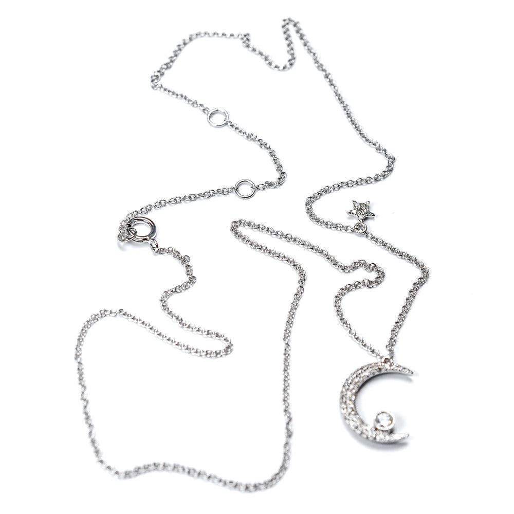 14K White Gold Diamond Crescent Moon & Star Necklace