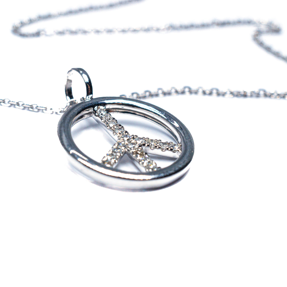 14K White Gold Peace Sign Pendant Necklace with Diamonds
