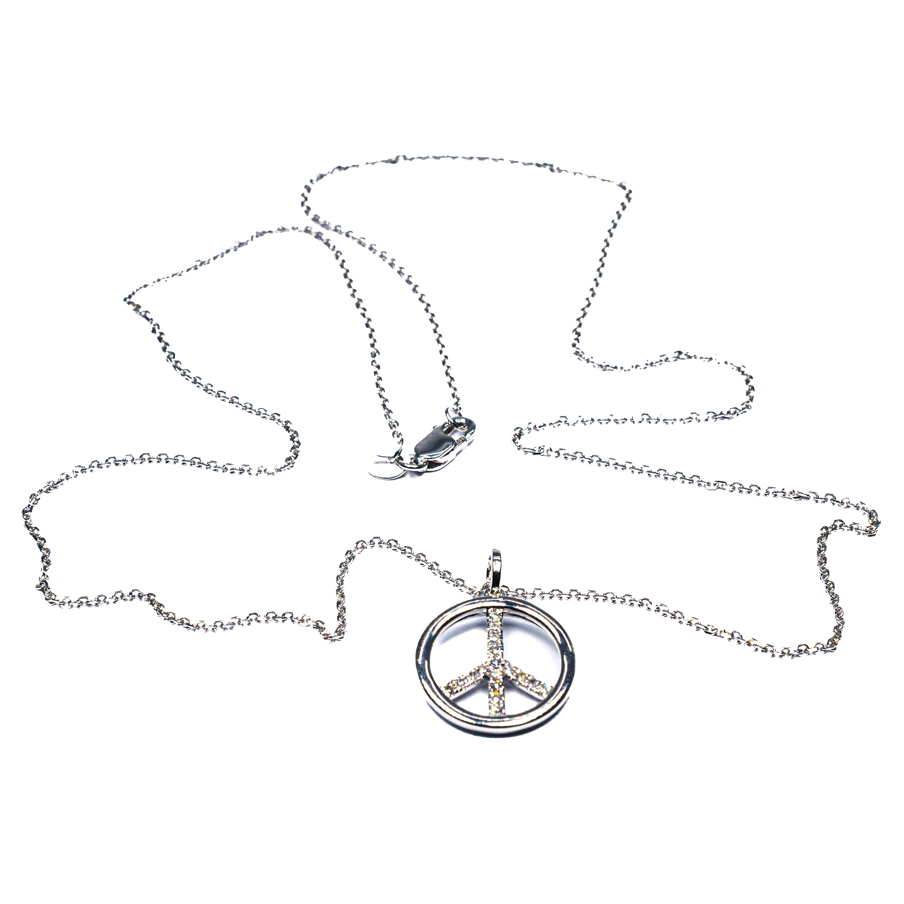 14K White Gold Peace Sign Pendant Necklace with Diamonds