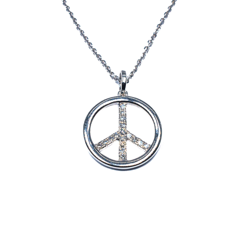 14K White Gold Peace Sign Pendant Necklace with Diamonds