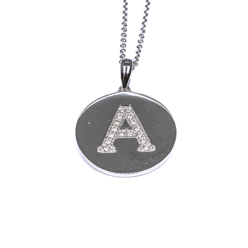 14K White Gold Diamond Initial “A” Circle Pendant Necklace