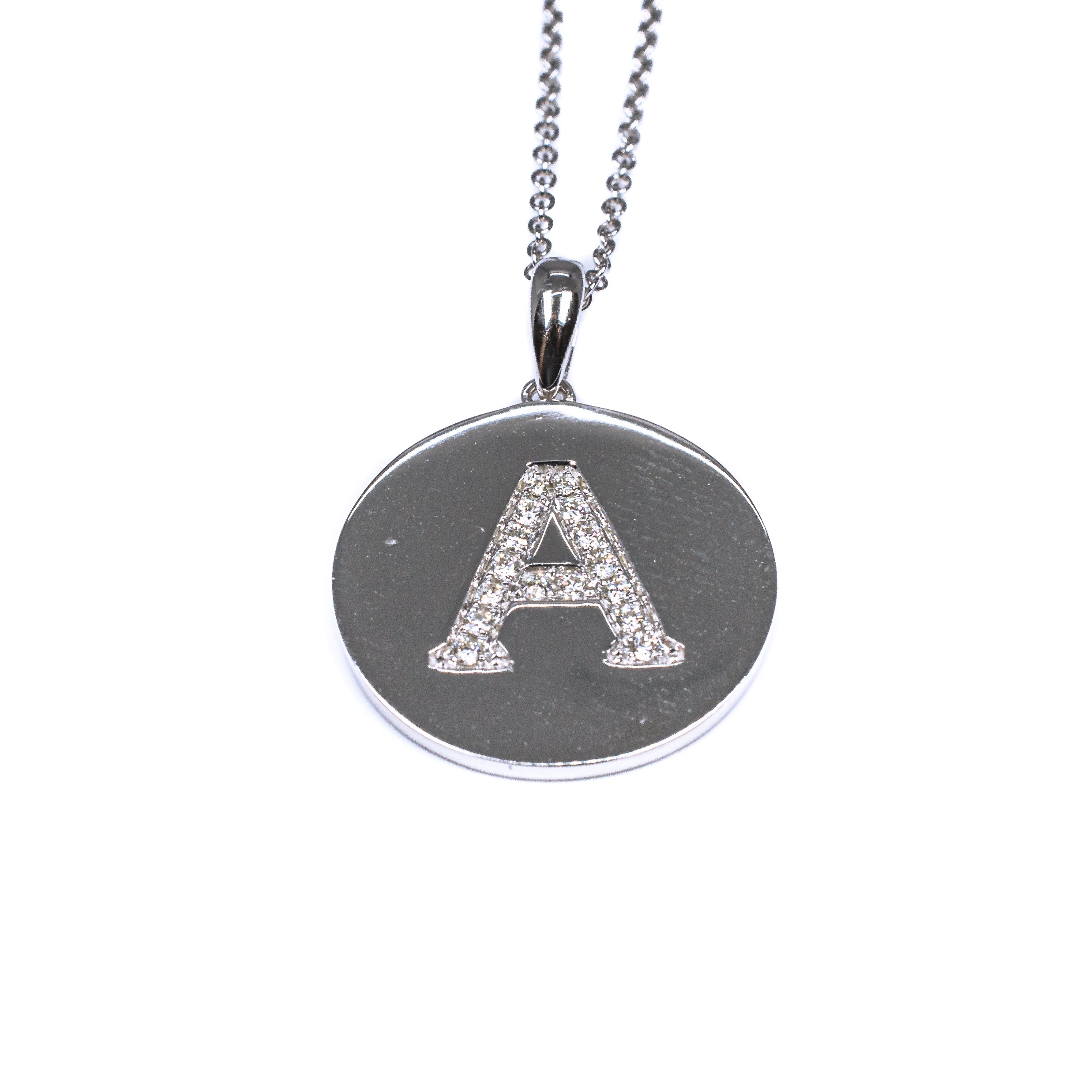 14K White Gold Diamond Initial “A” Circle Pendant Necklace