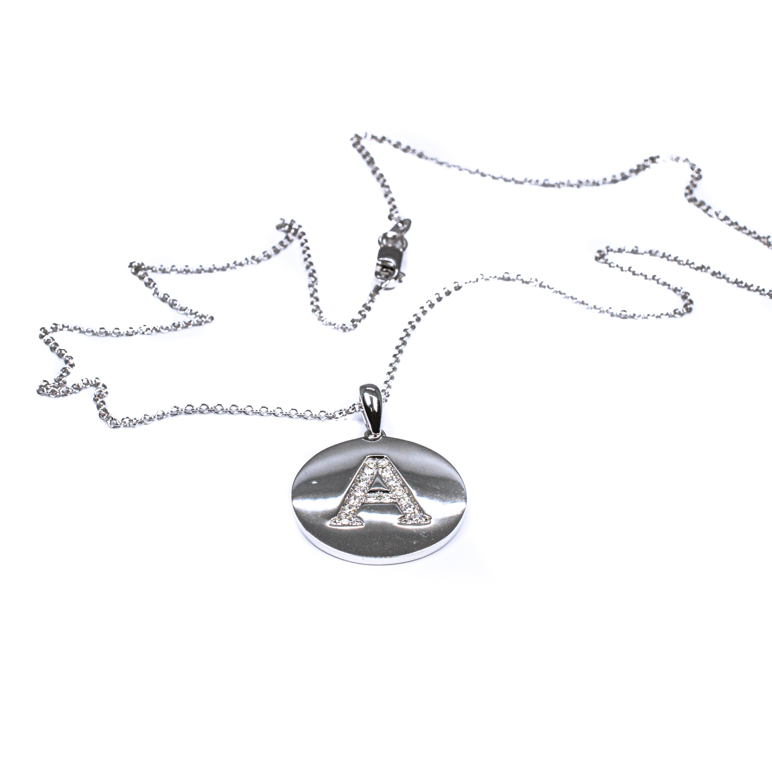 14K White Gold Diamond Initial “A” Circle Pendant Necklace