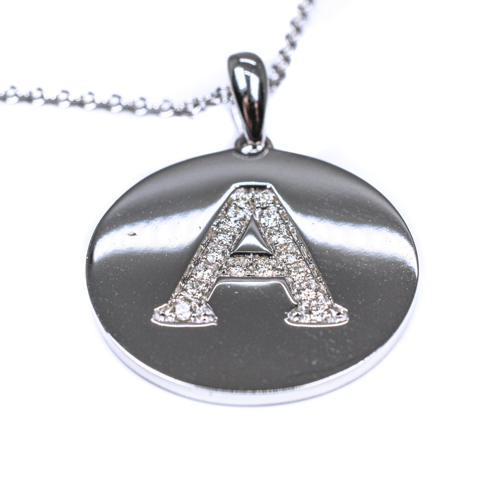 14K White Gold Diamond Initial “A” Circle Pendant Necklace