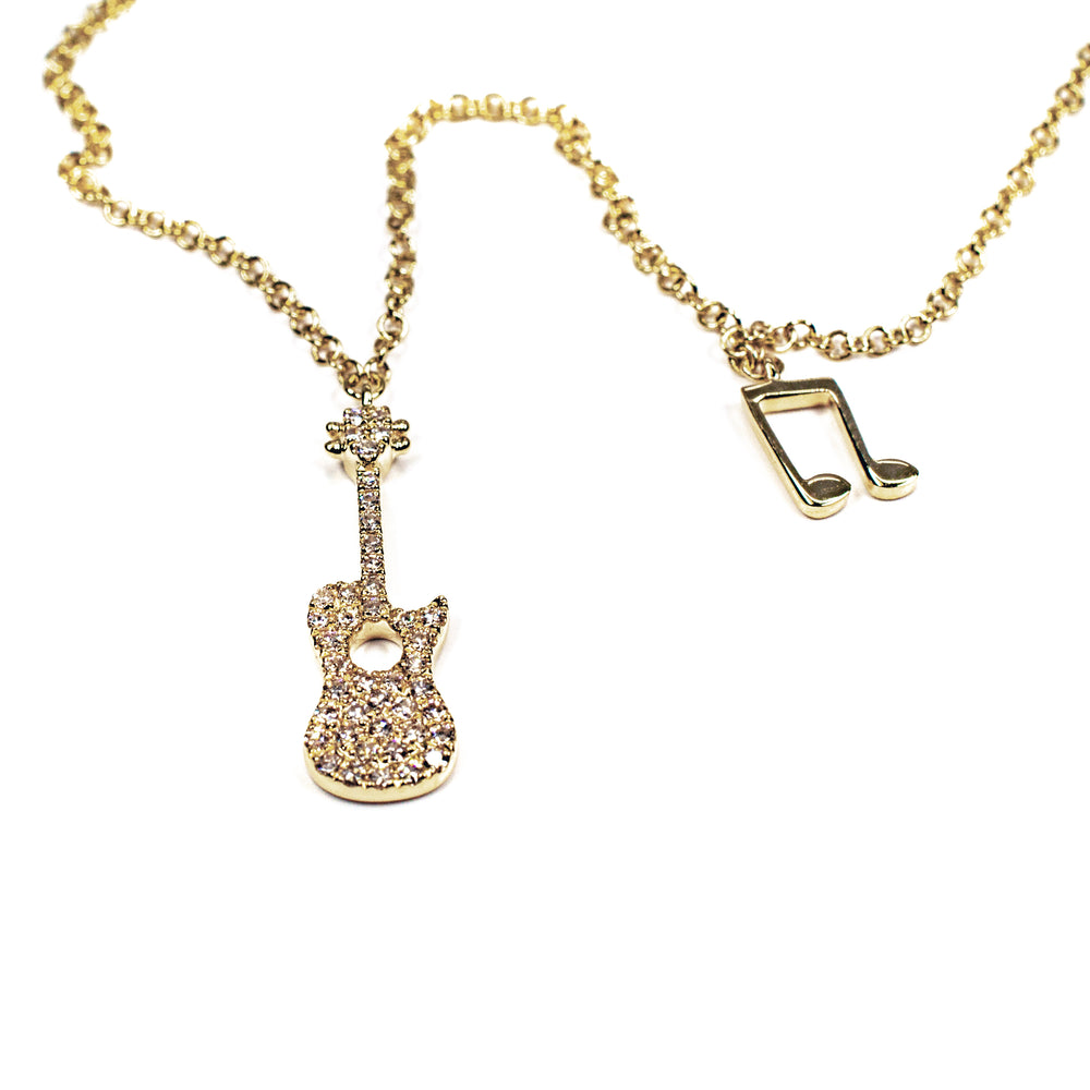 14K Yellow Gold Diamond Guitar & Musical Note Necklace