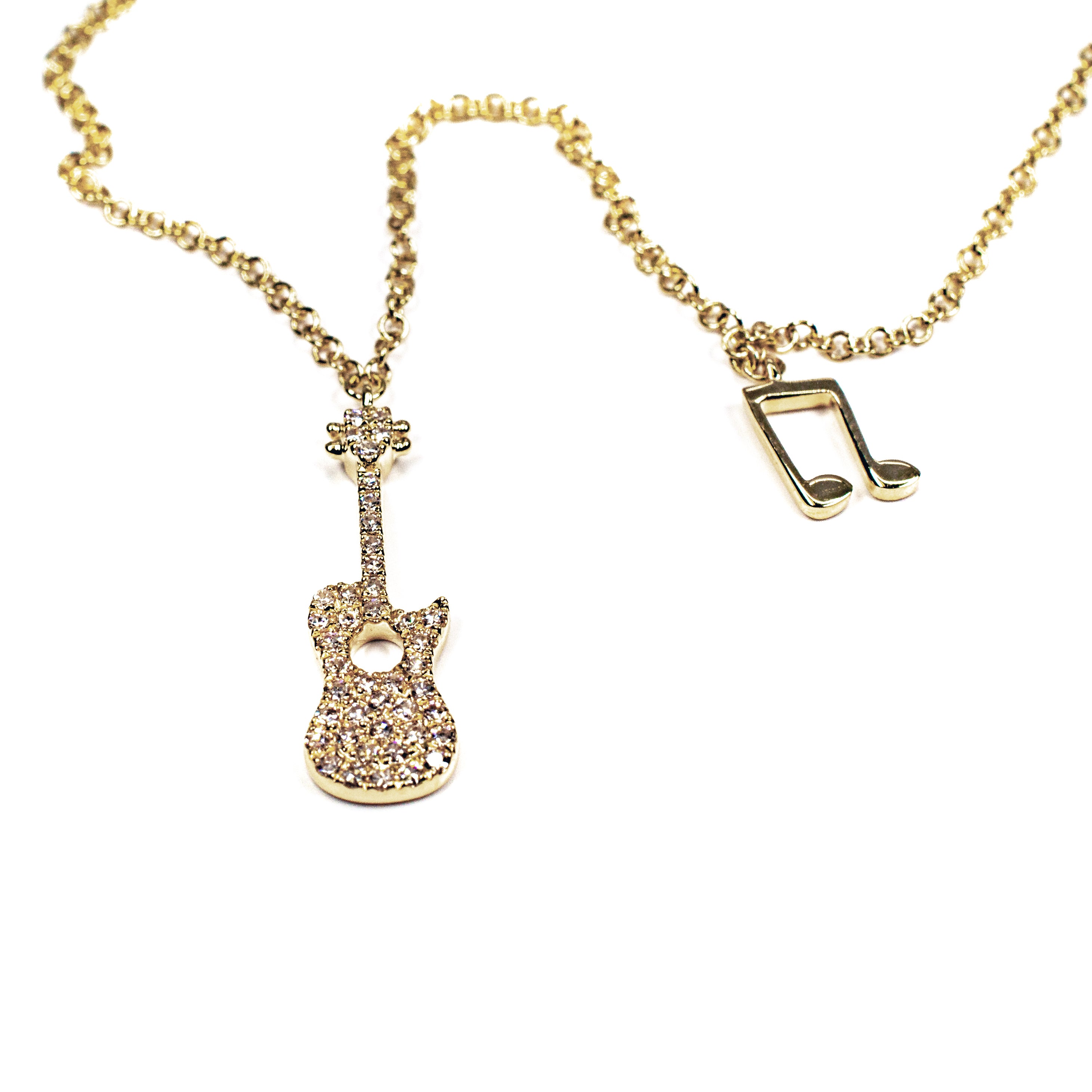 14K Yellow Gold Diamond Guitar & Musical Note Necklace