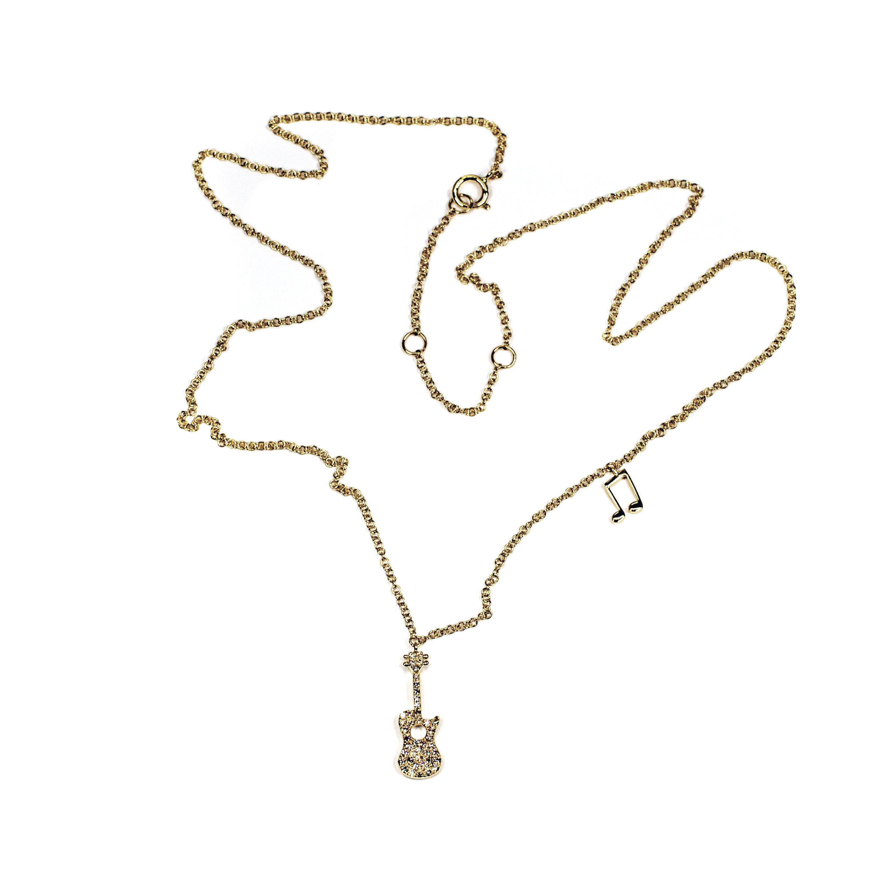 14K Yellow Gold Diamond Guitar & Musical Note Necklace