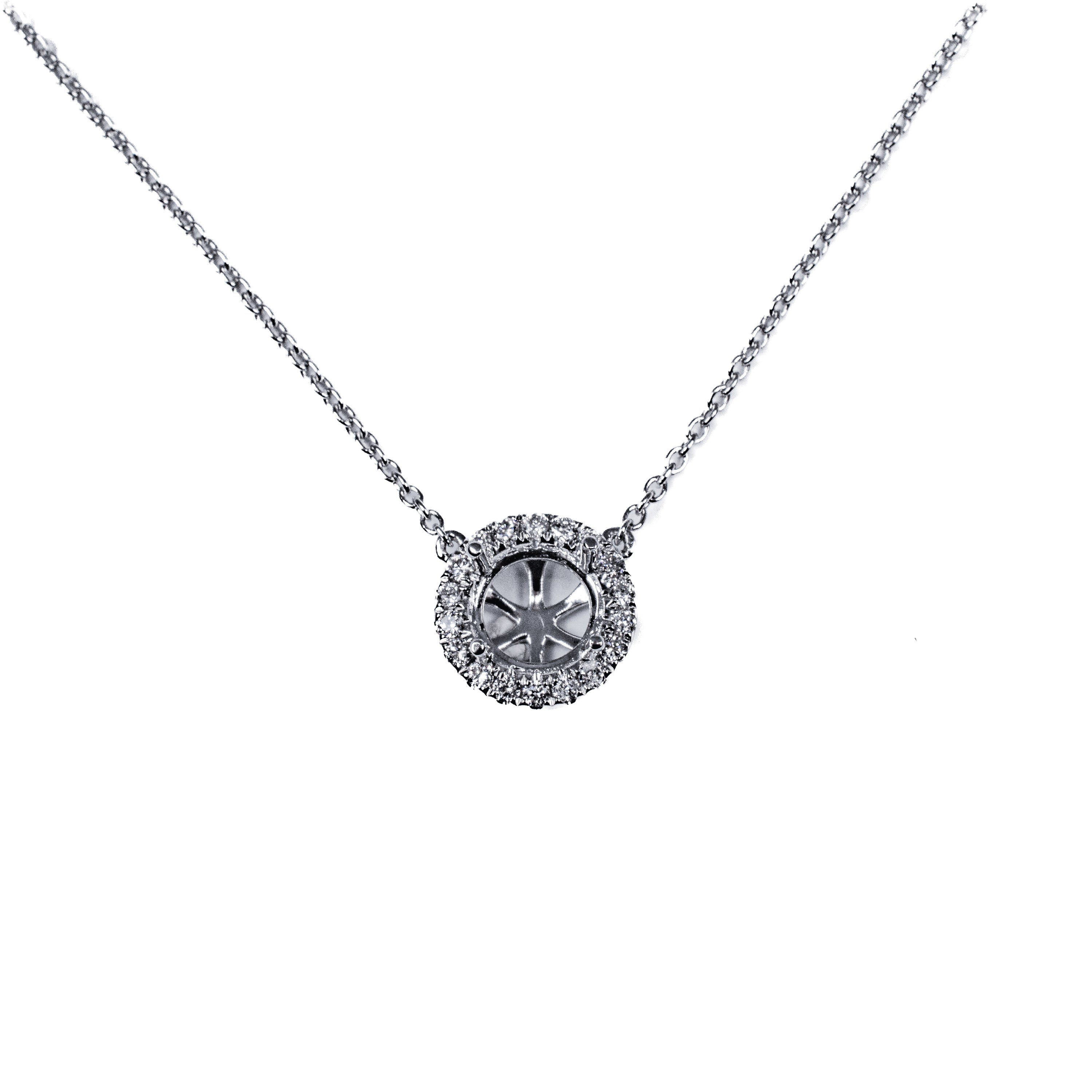 14K White Gold Diamond Halo Semi-Mount Necklace