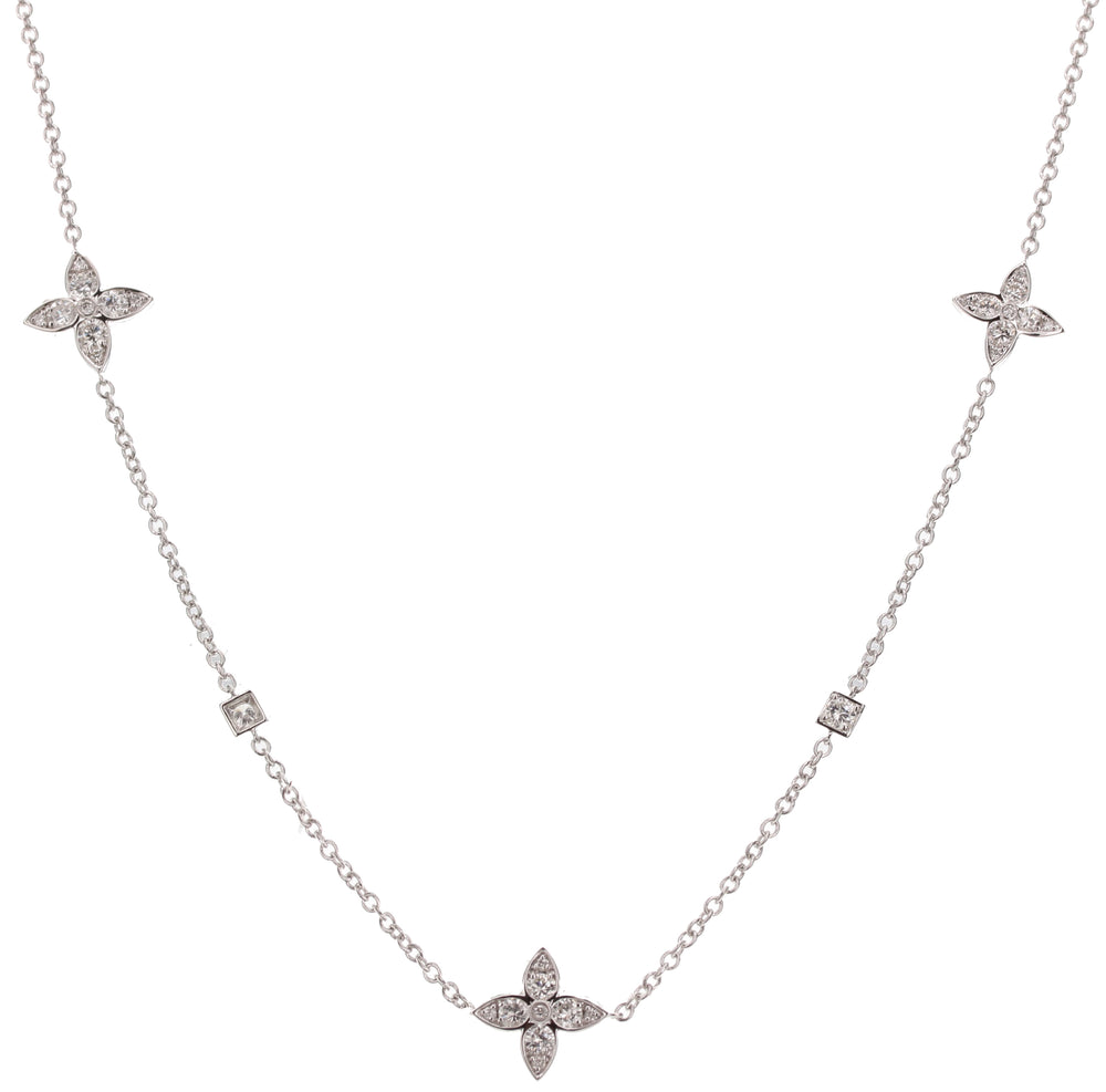 8K White Gold Diamond Station Necklace 36" | 2.75CTTW | Floral Motif Design