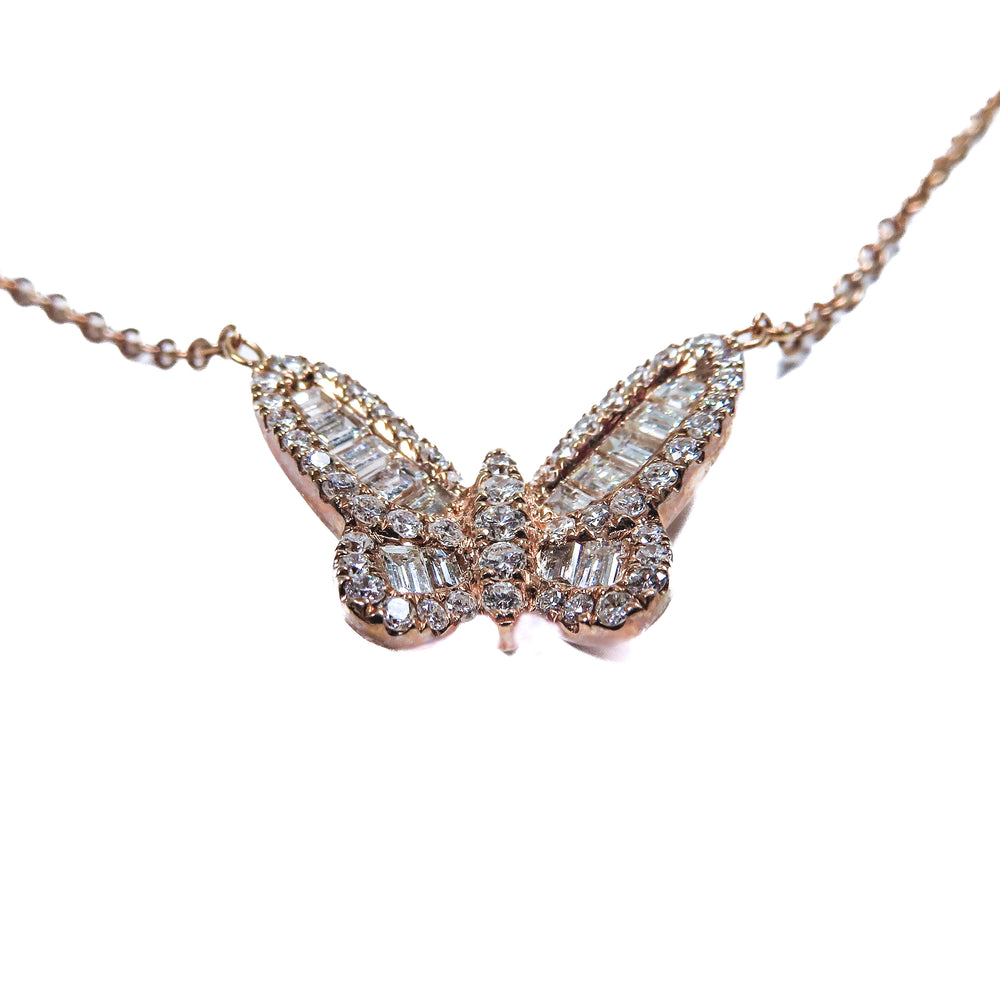 18K Rose Gold Baguette & Round Brilliant Diamond Butterfly Necklace