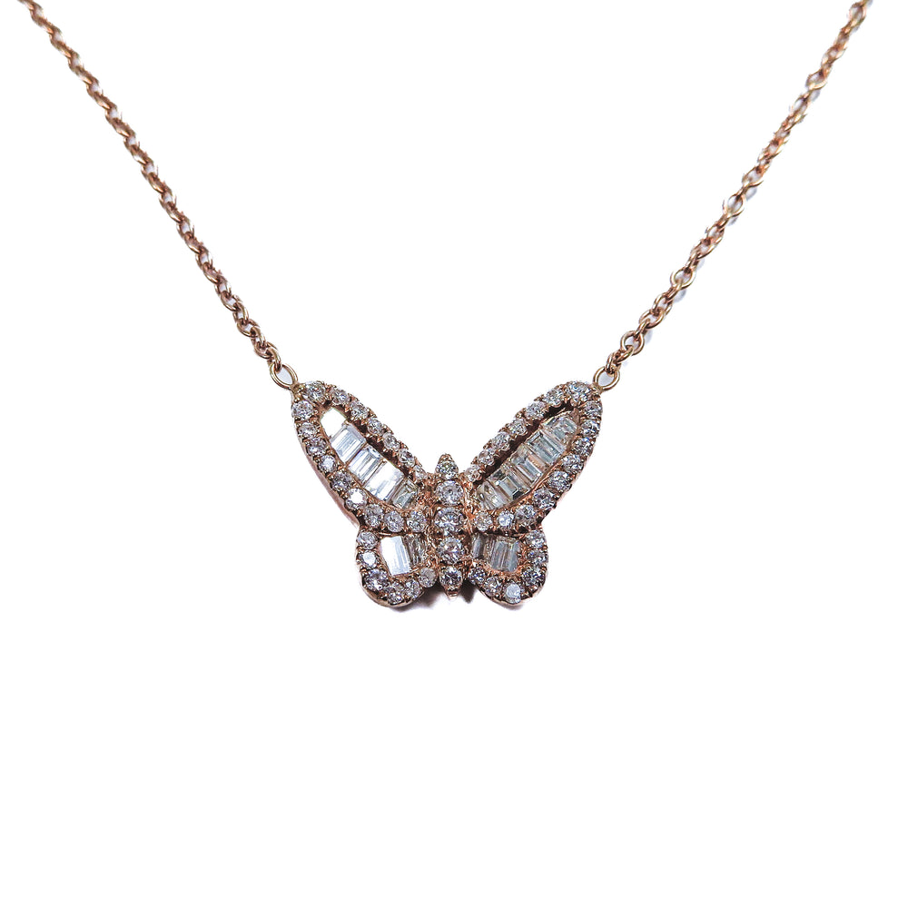 18K Rose Gold Baguette & Round Brilliant Diamond Butterfly Necklace