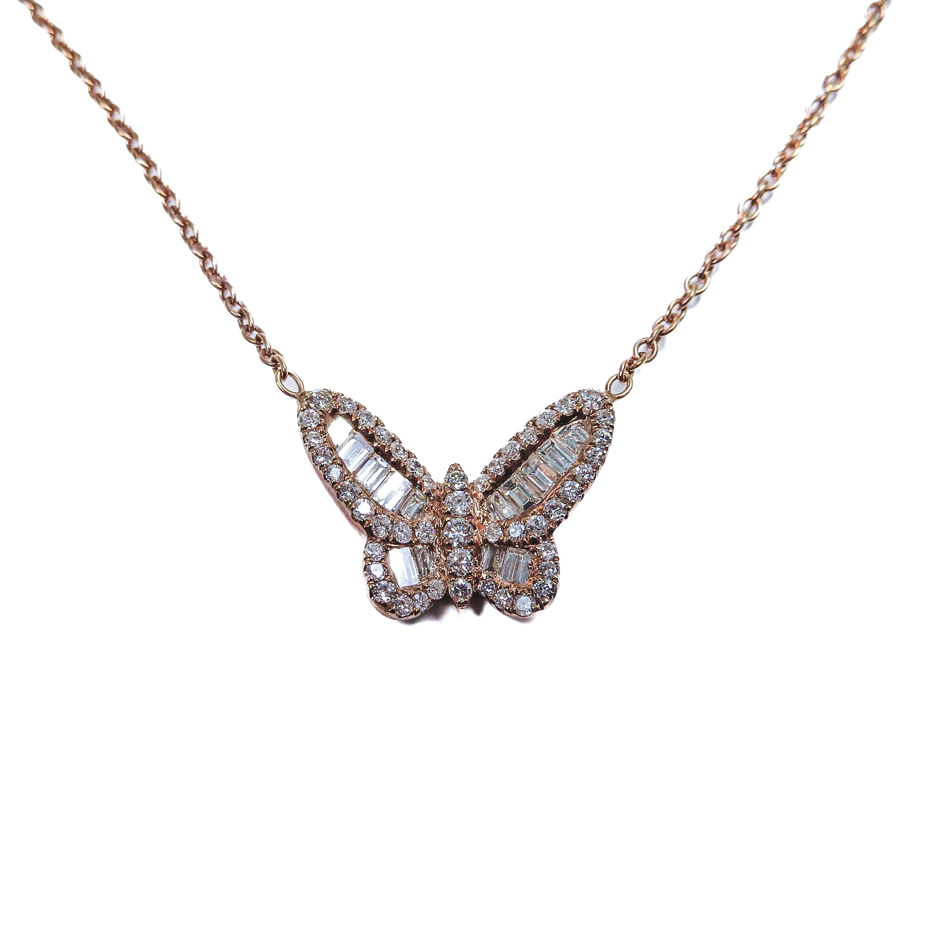 18K Rose Gold Baguette & Round Brilliant Diamond Butterfly Necklace