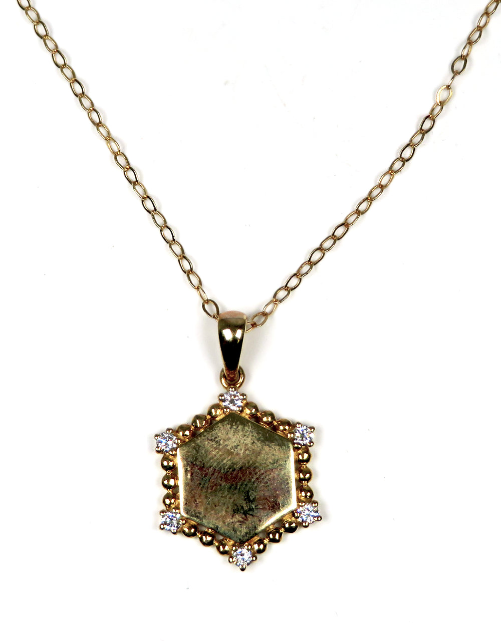 14K Yellow Gold Engravable Hexagon Diamond Pendant Necklace