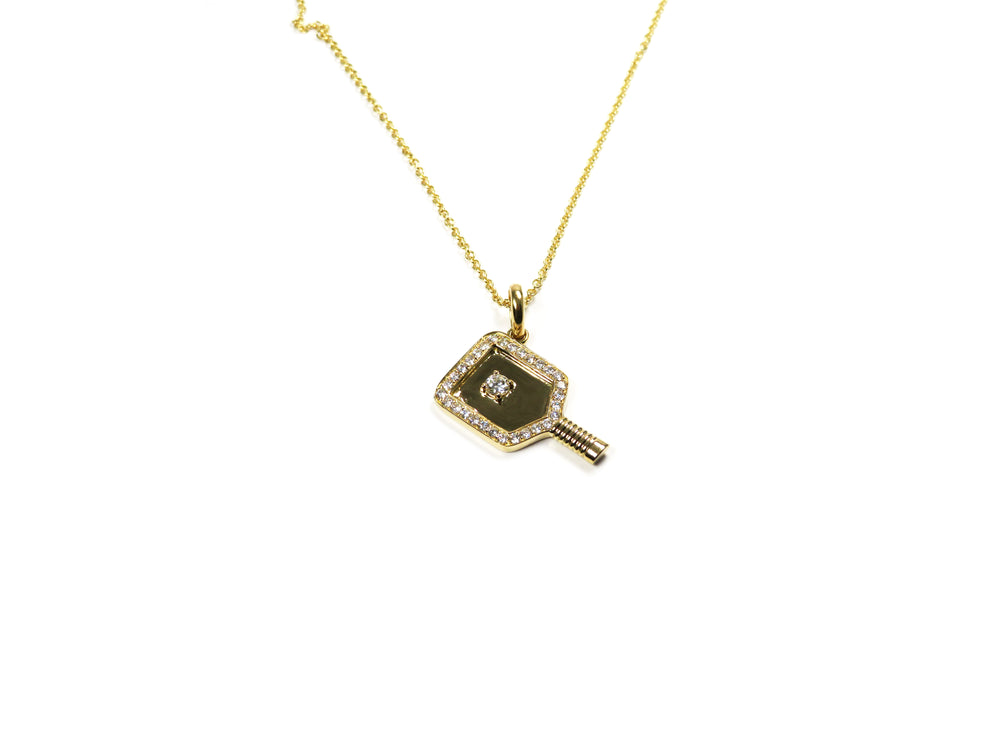 18K Yellow Gold Diamond Pickleball Paddle Necklace