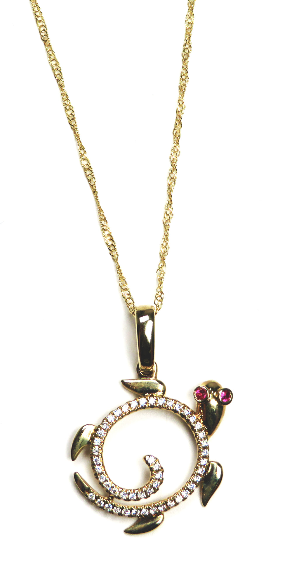 14K Yellow Gold Diamond Turtle Necklace with Ruby Eyes – Spiral Shell Honu Pendant