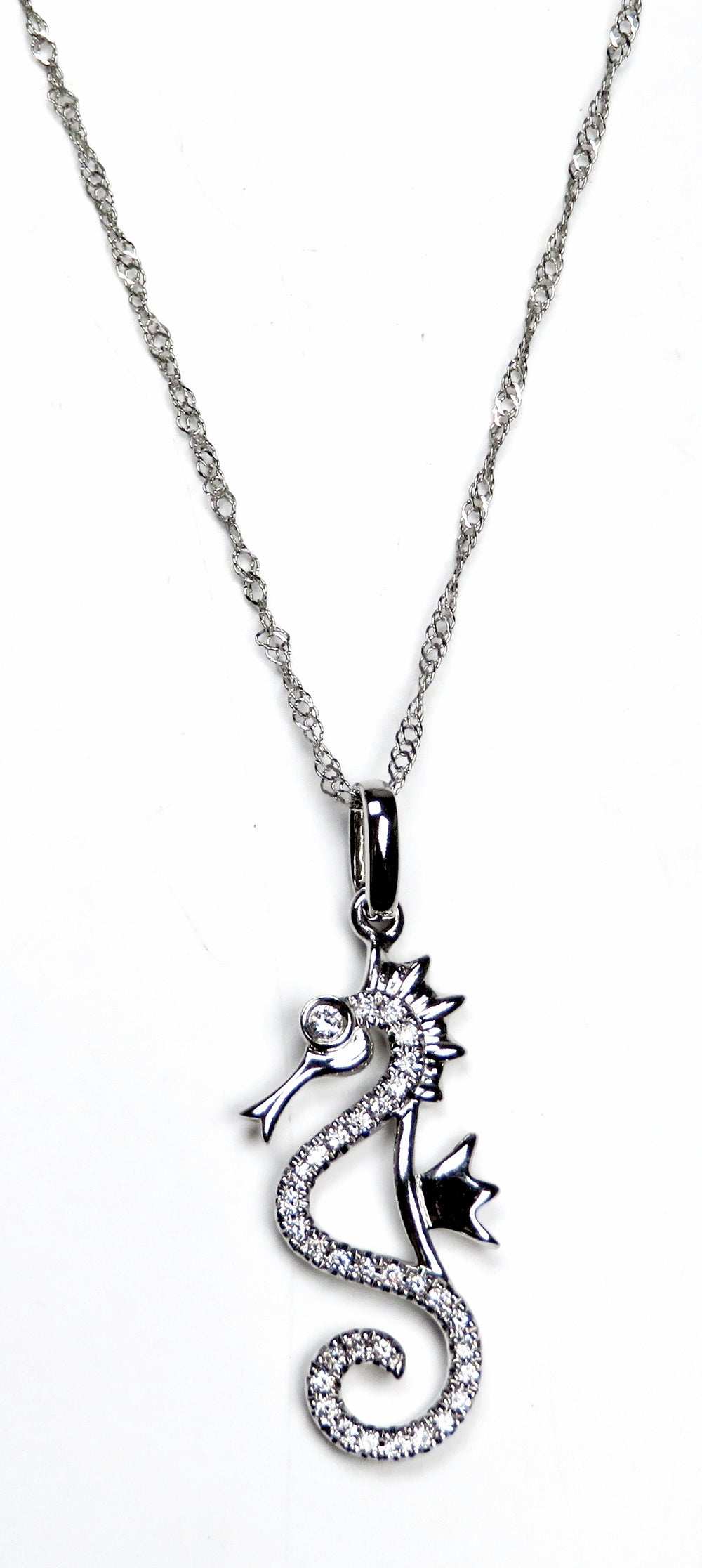 14K White Gold Diamond Seahorse Necklace