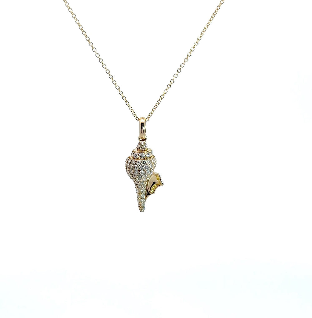 14K Yellow Gold Diamond Shell Pendant Necklace – Pavé Diamond Seashell Necklace