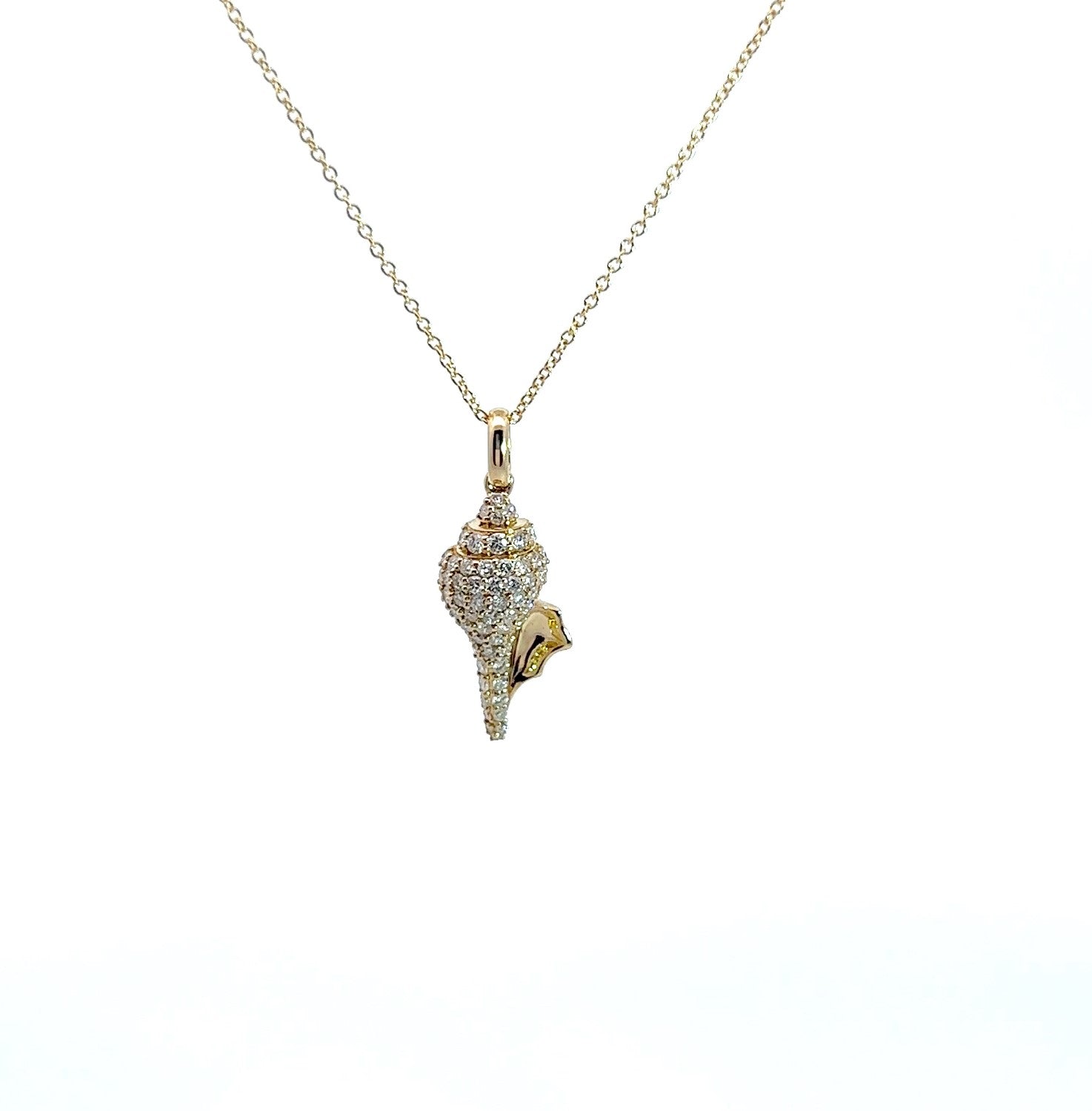 14K Yellow Gold Diamond Shell Pendant Necklace – Pavé Diamond Seashell Necklace