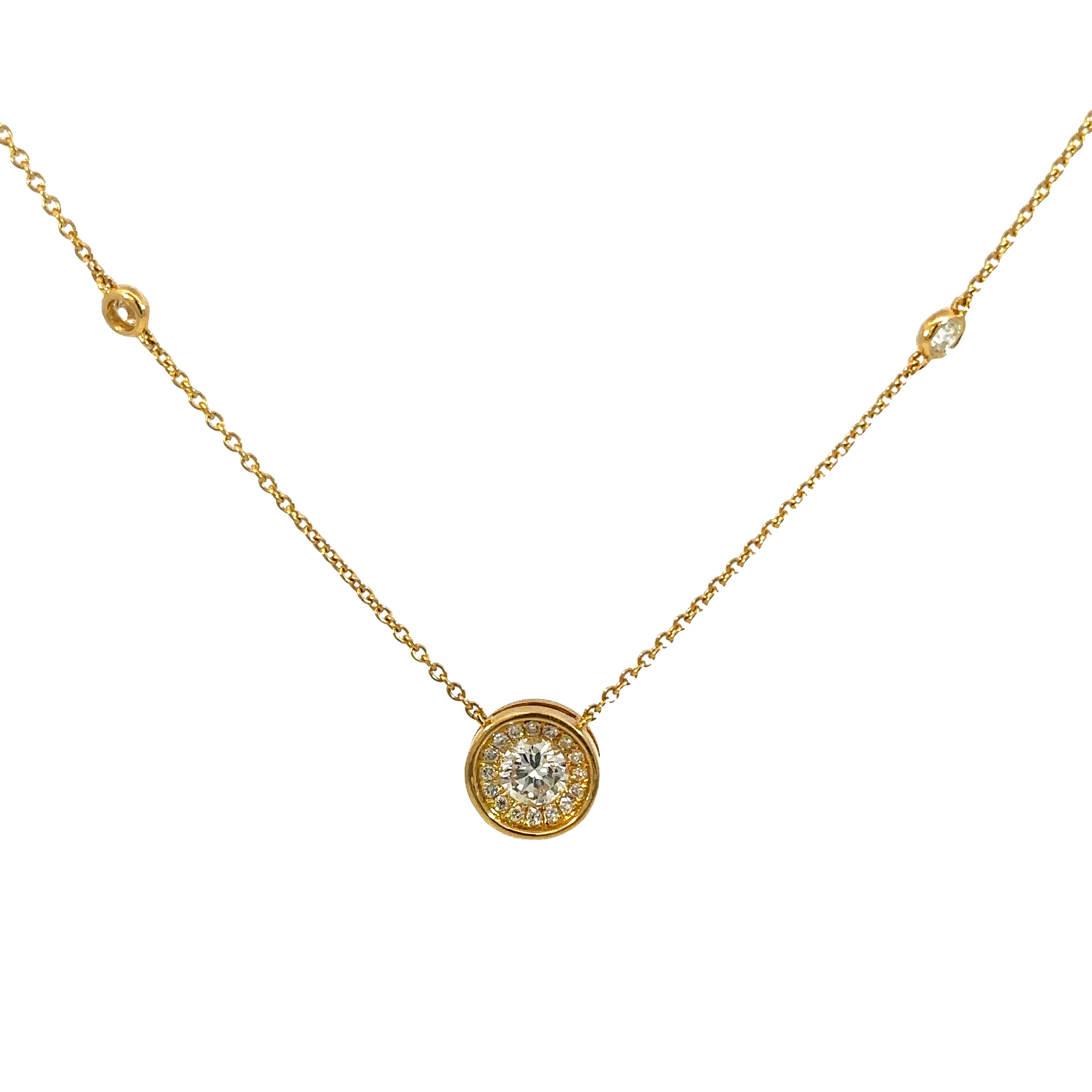 18K Yellow Gold Diamond Halo Necklace 1.10cttw – Bezel Set Center Diamond with Pavé Halo 16"