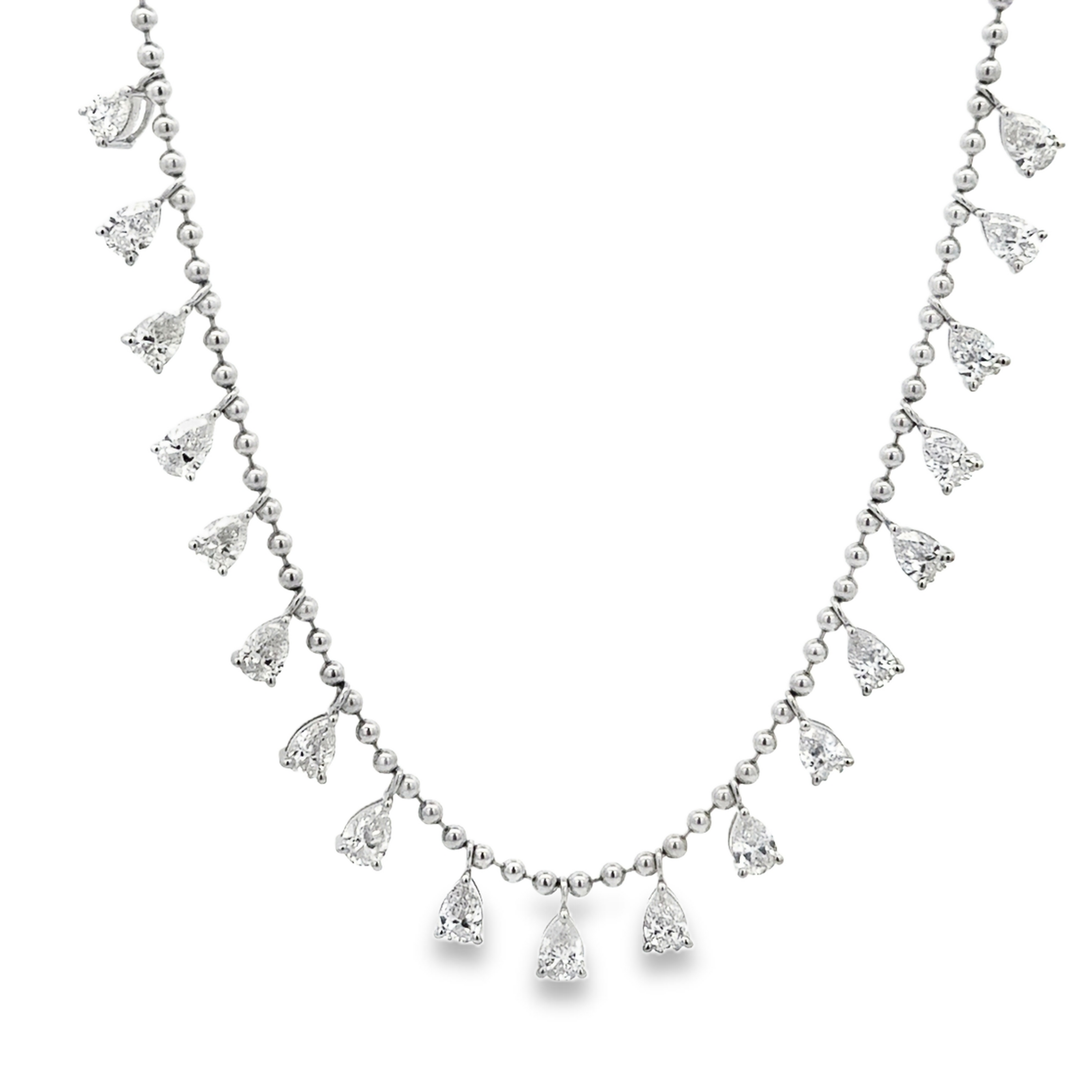 18K White Gold Diamond Necklace with Pear Drop Dangles 3.70 Carat