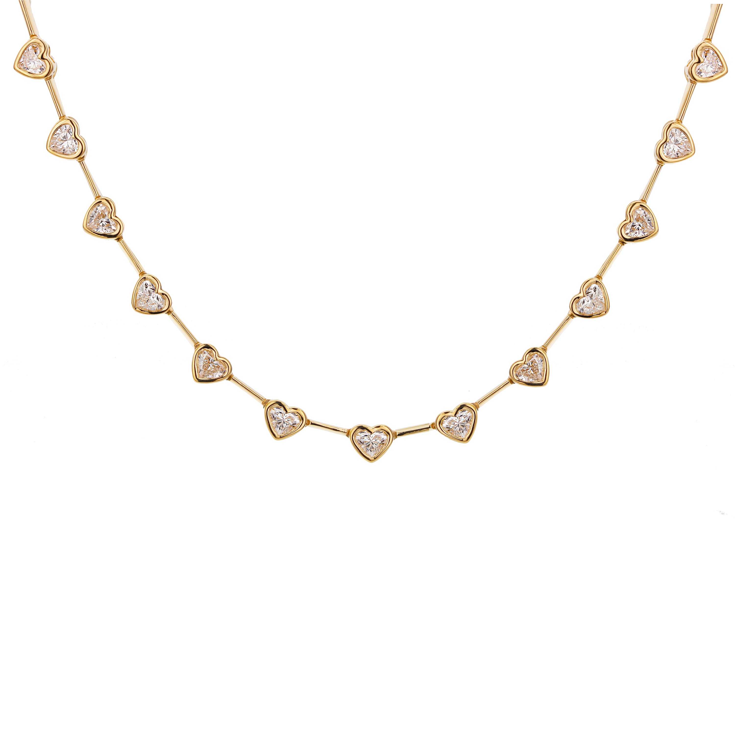 18K Yellow Gold Heart Shape Diamond Necklace 6.50 Carat VS Hearts 16 Inch