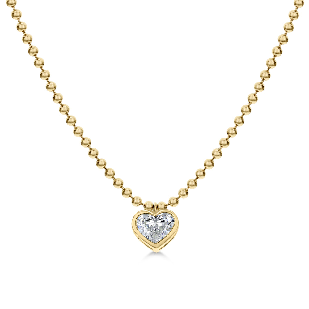18K Gold Heart Diamond Pendant Necklace with Beaded Chain
