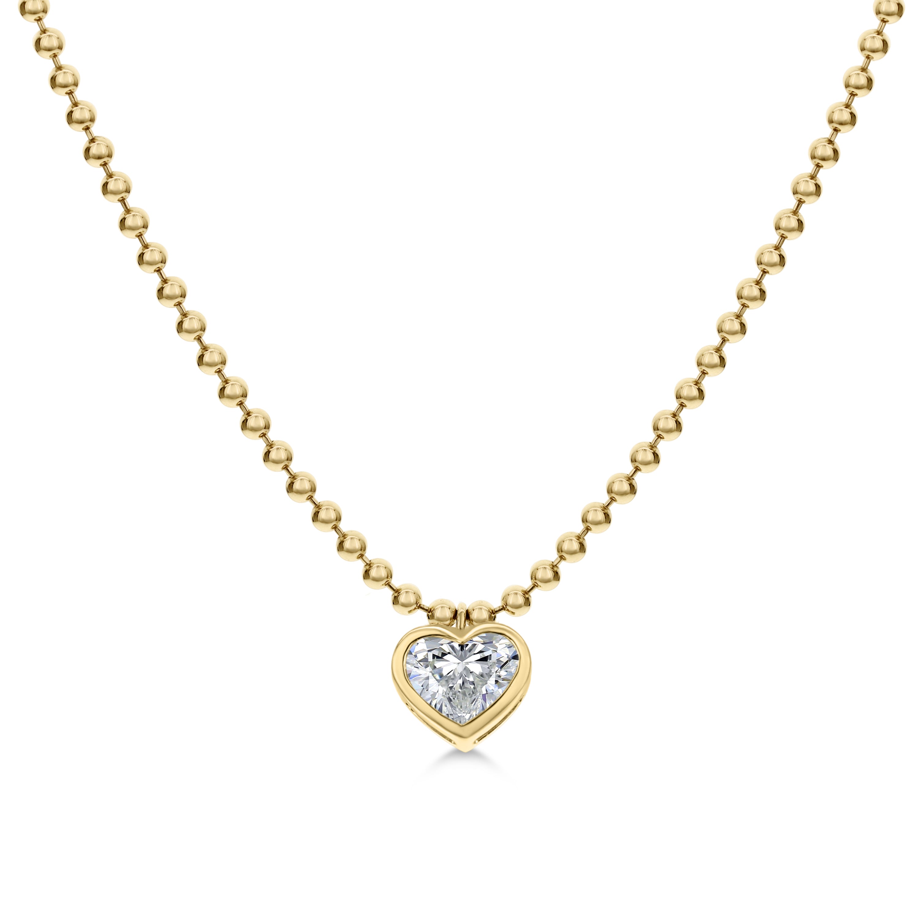 18K Gold Heart Diamond Pendant Necklace with Beaded Chain