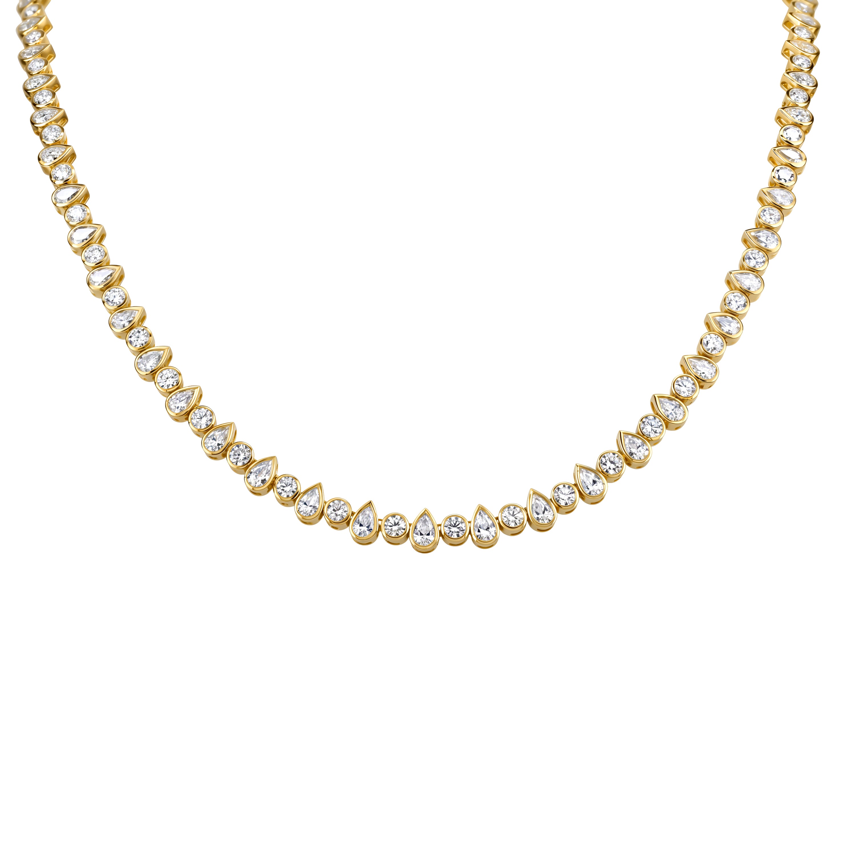 18K Yellow Gold 12.00 CTW Bezel-Set Pear & Round Diamond Tennis Necklace – 17"