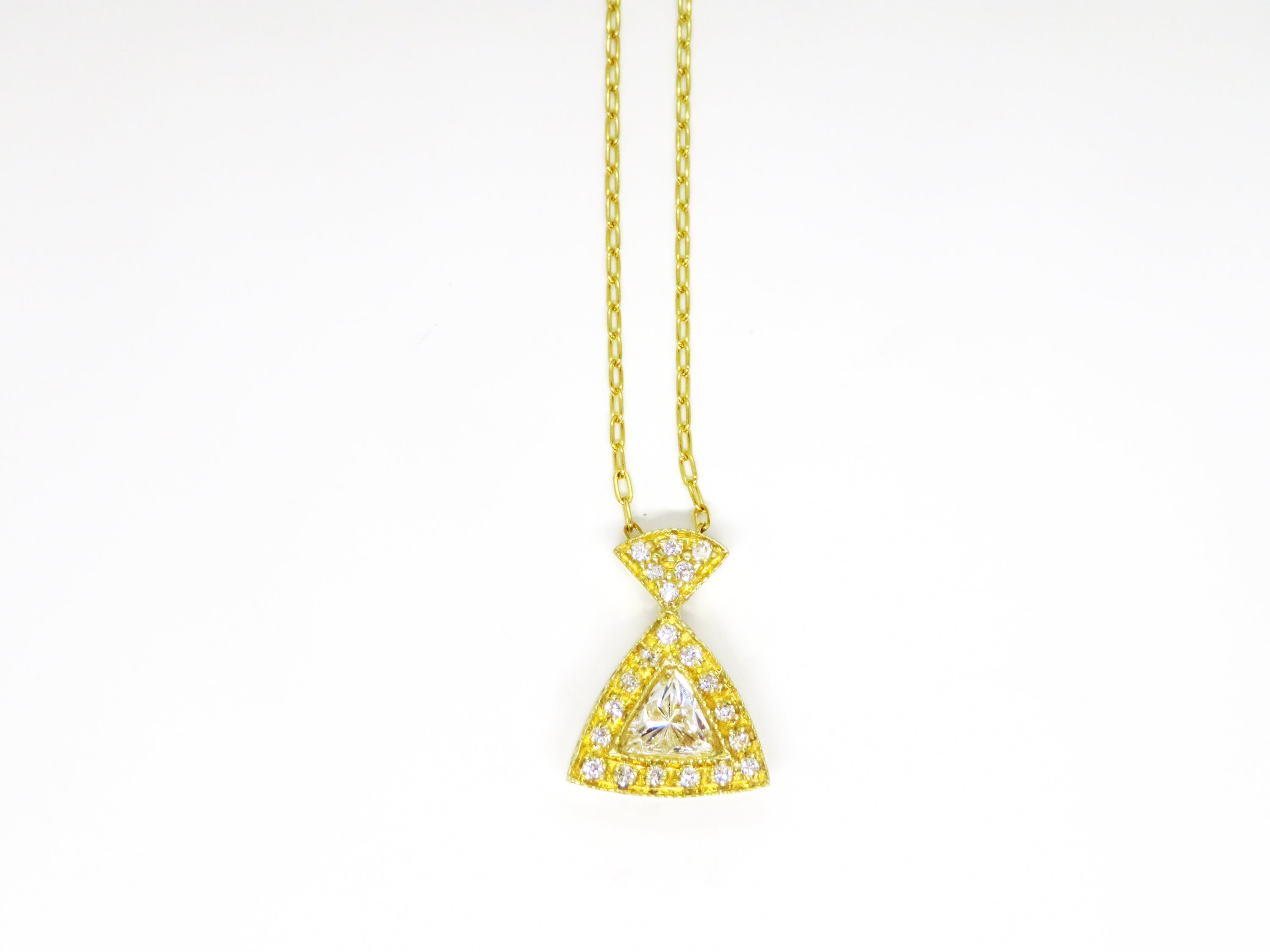 18kt Yellow Gold Pave Style Diamond Triangle, money bag Shape Pendant Necklace