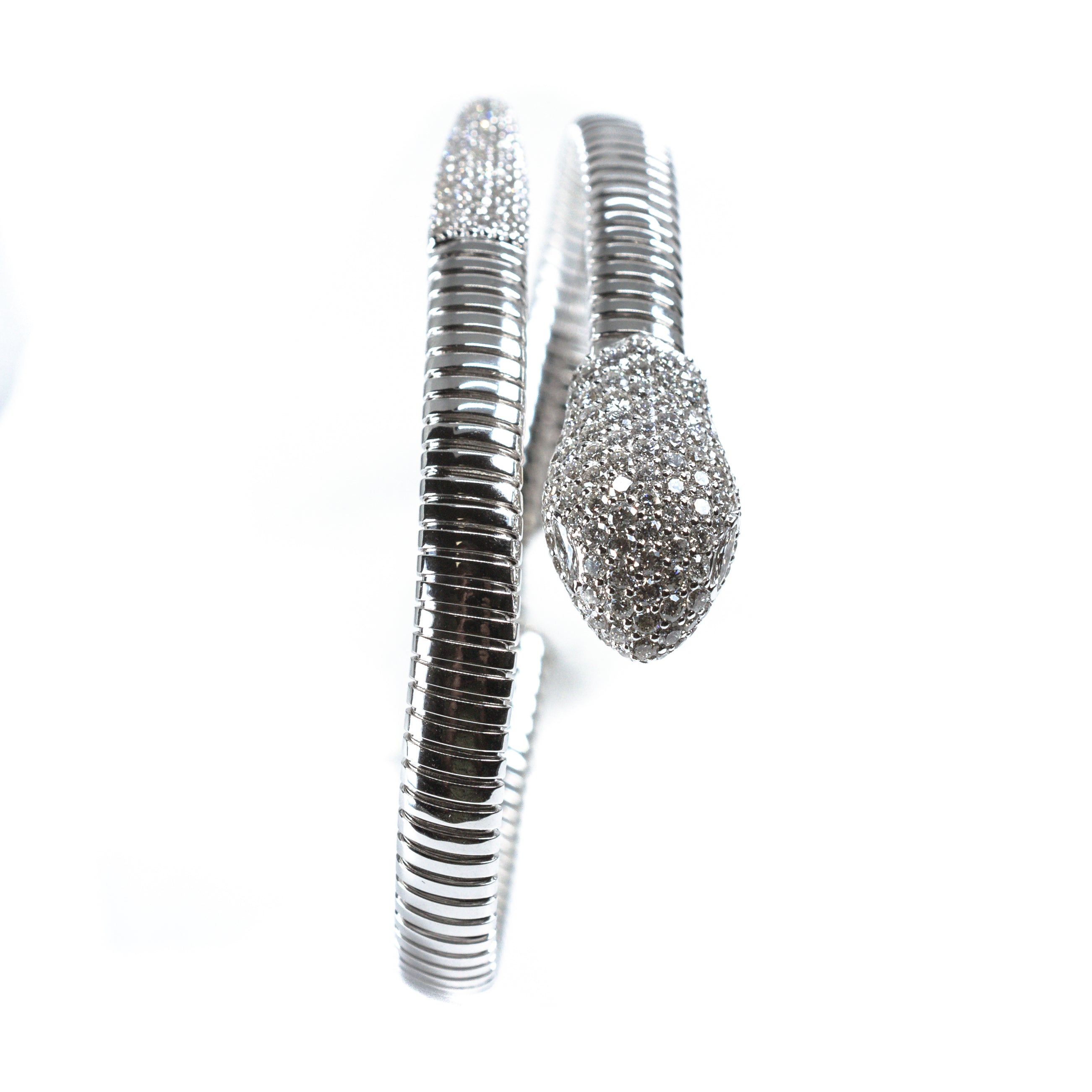 18K White Gold Diamond Snake Wrap Bangle Cuff Bracelet – 2.50 Carats