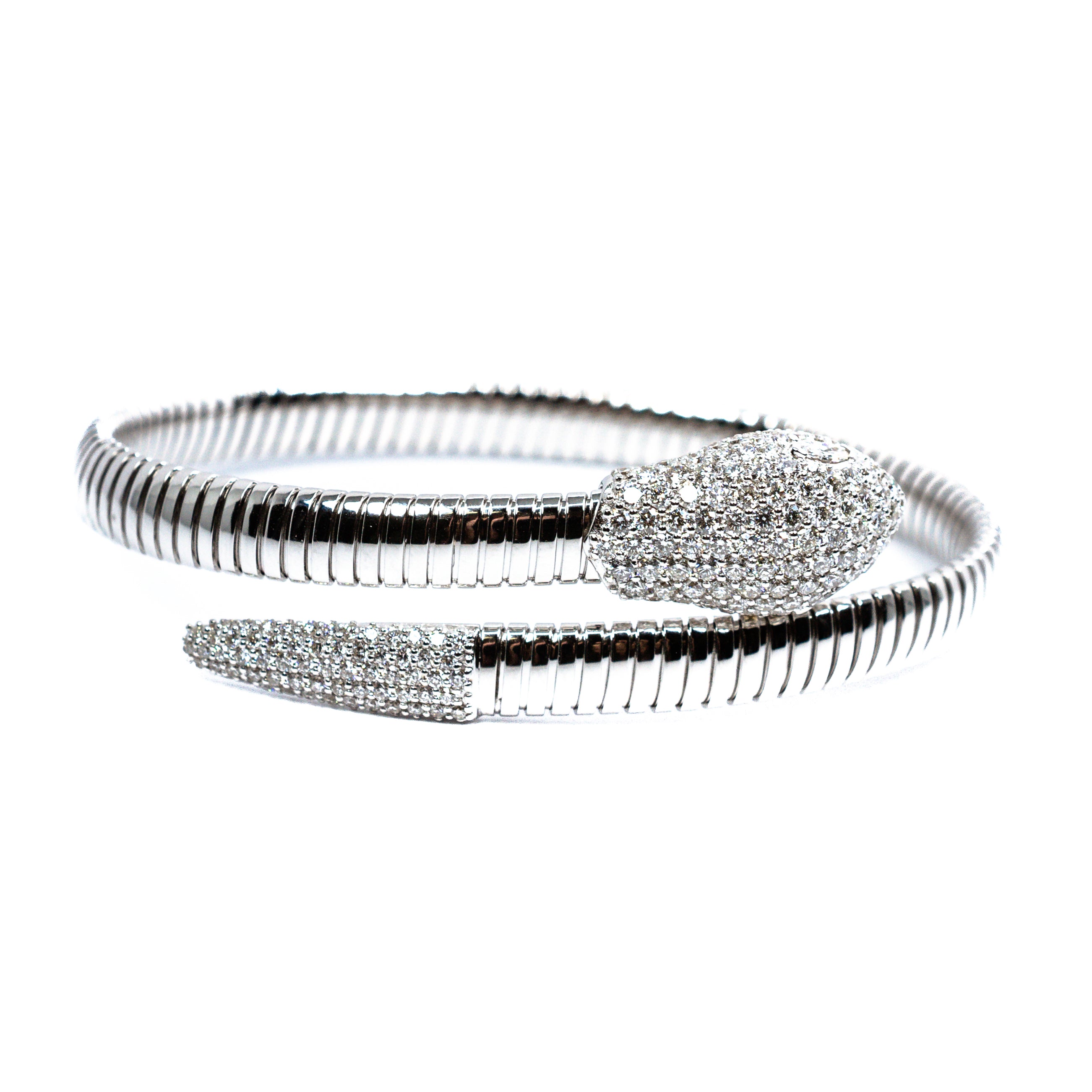 18K White Gold Diamond Snake Wrap Bangle Cuff Bracelet – 2.50 Carats