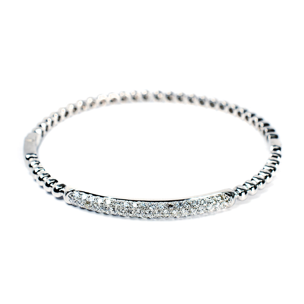 18K White Gold Diamond Beaded Bangle Bracelet 1.06 Carats – Pavé Diamond Bar Design
