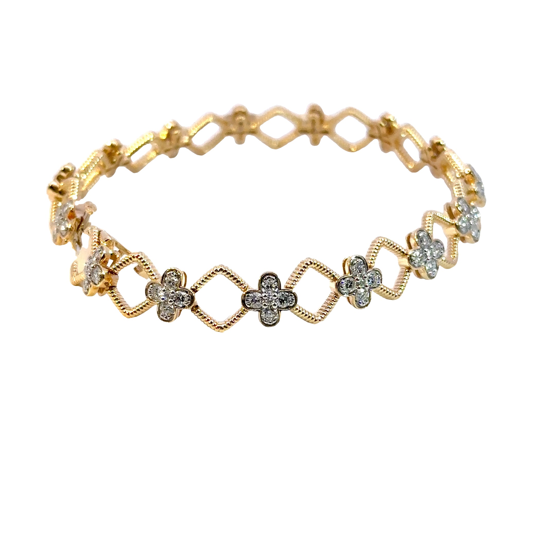14K Yellow Gold Diamond Flower Link Bracelet 7.25 Carat Total