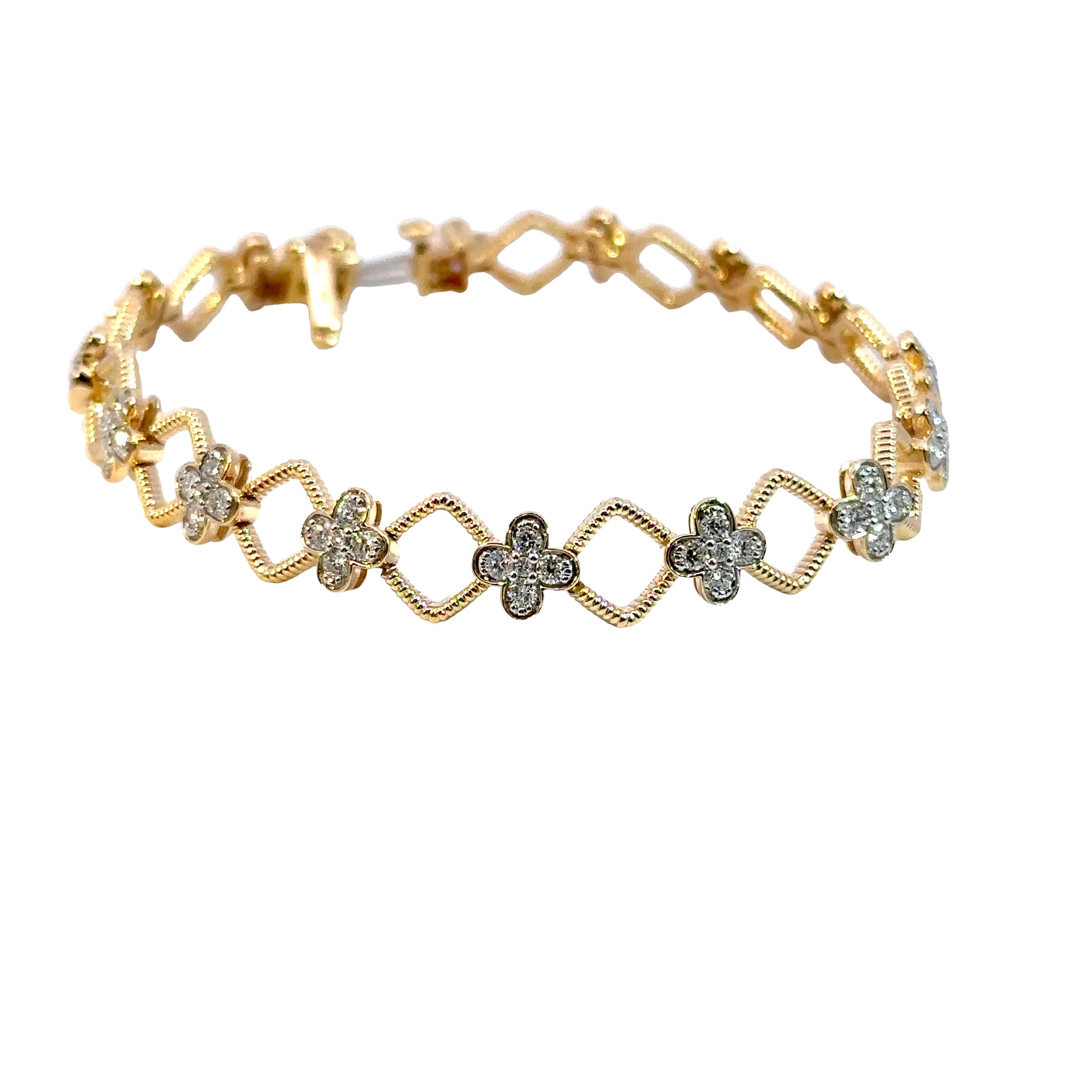 14K Yellow Gold Diamond Flower Link Bracelet 7.25 Carat Total