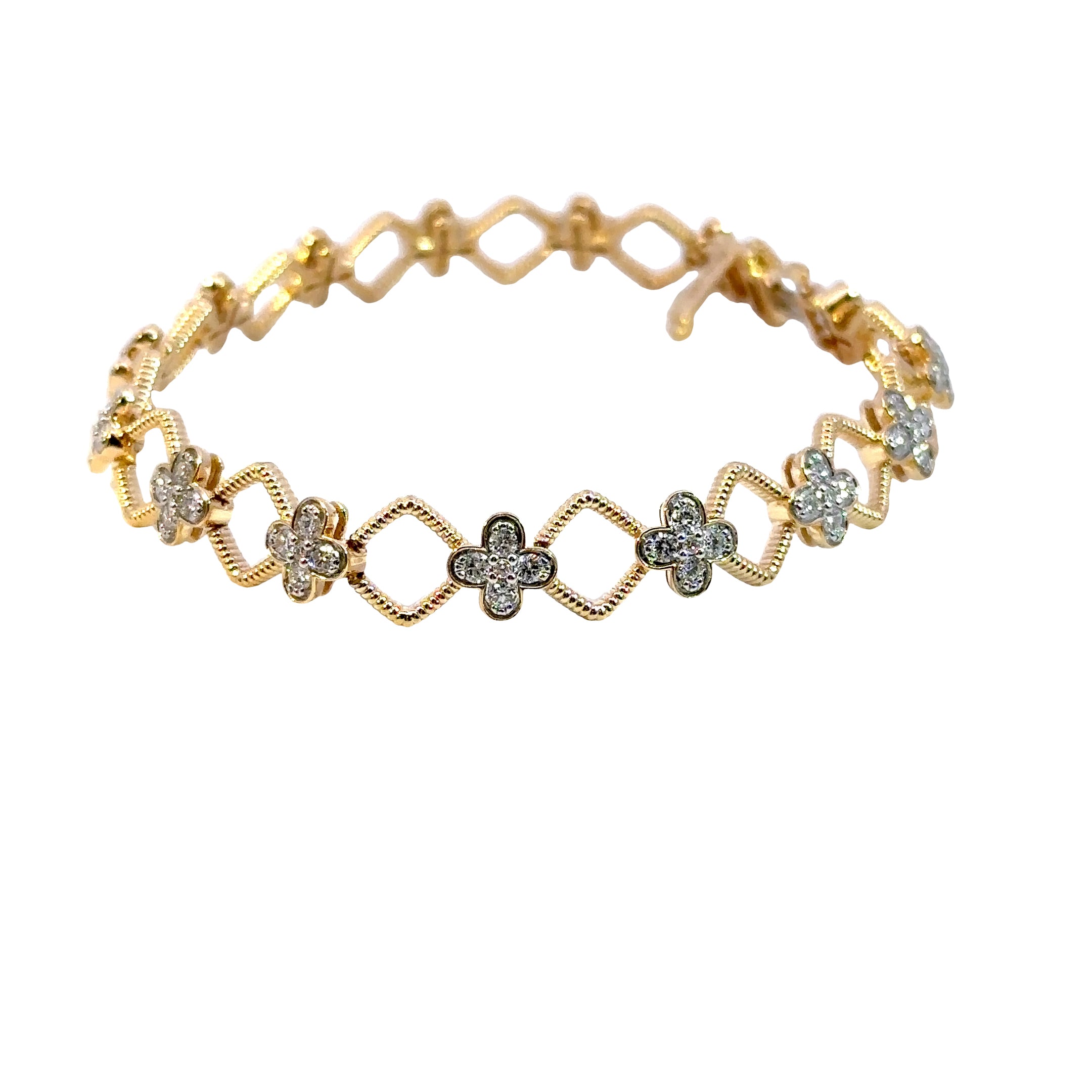 14K Yellow Gold Diamond Flower Link Bracelet 7.25 Carat Total