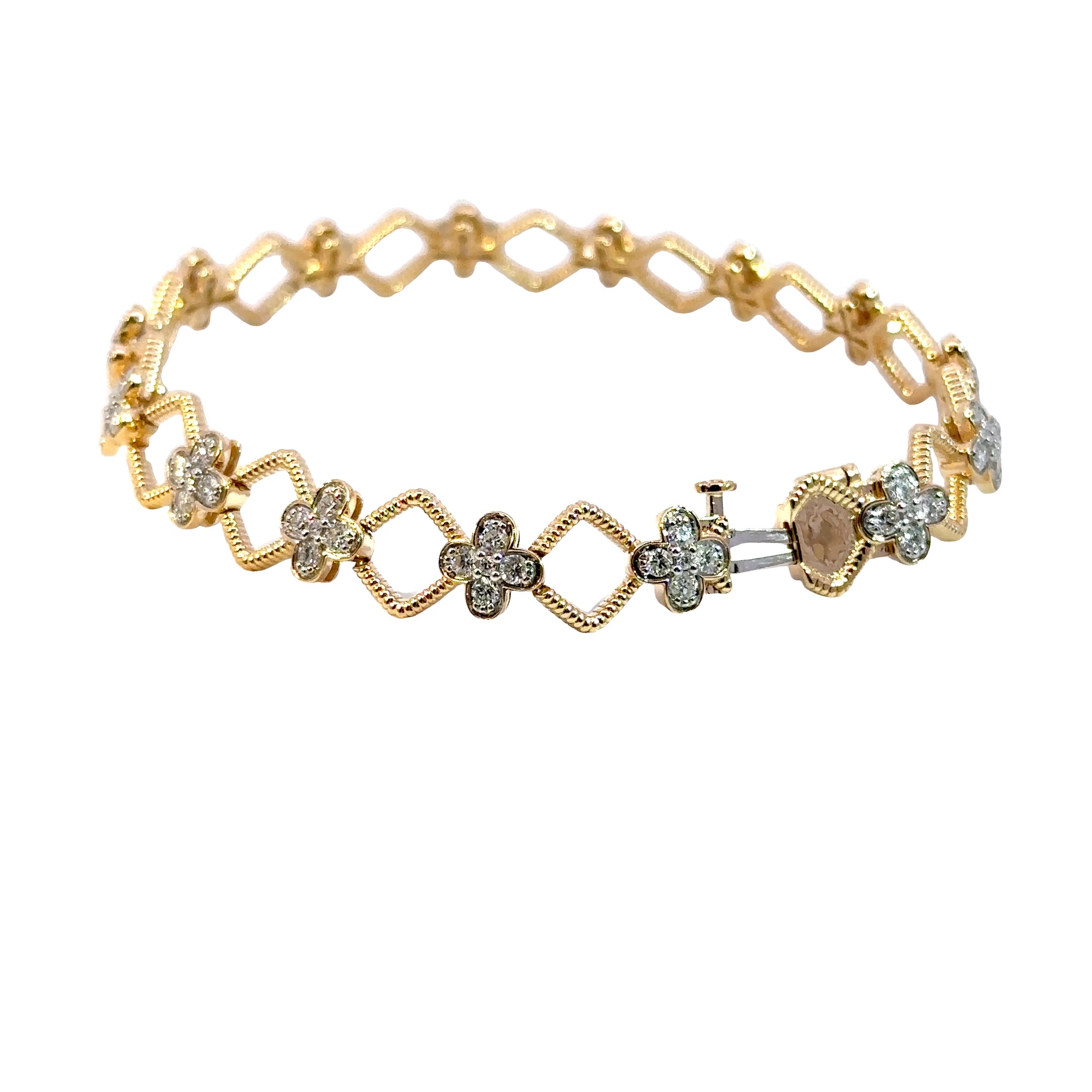 14K Yellow Gold Diamond Flower Link Bracelet 7.25 Carat Total