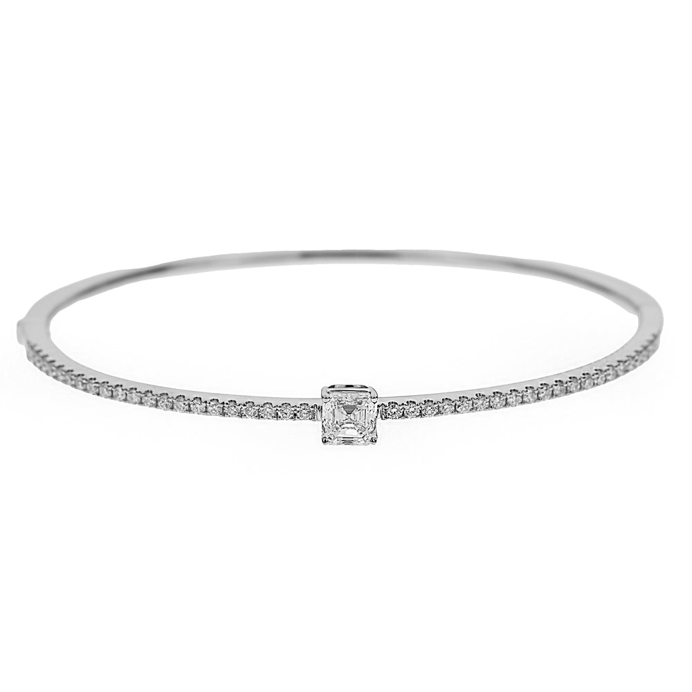 18K White Gold Diamond Bangle with Asscher Center 1.25 Carat Total