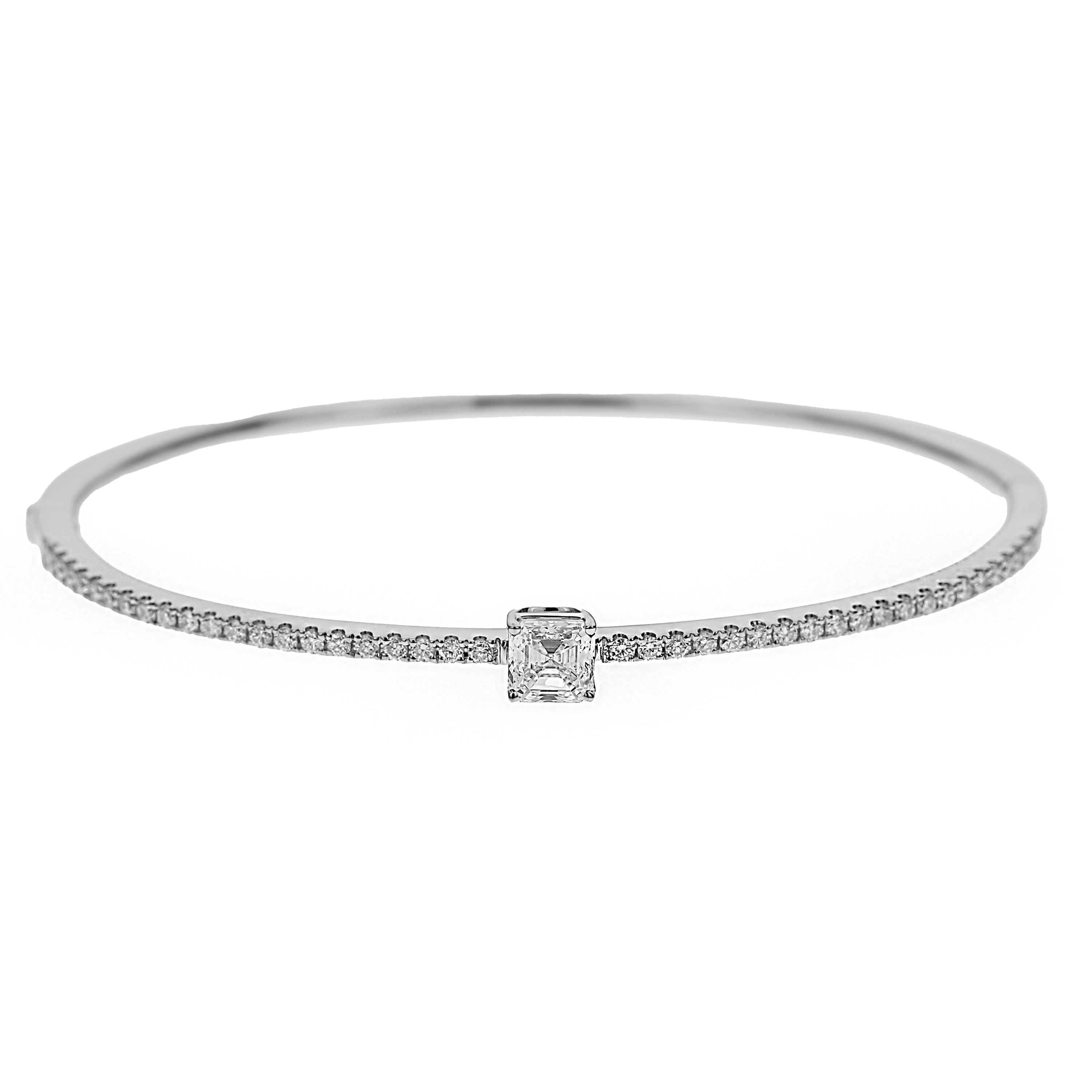 18K White Gold Diamond Bangle with Asscher Center 1.25 Carat Total