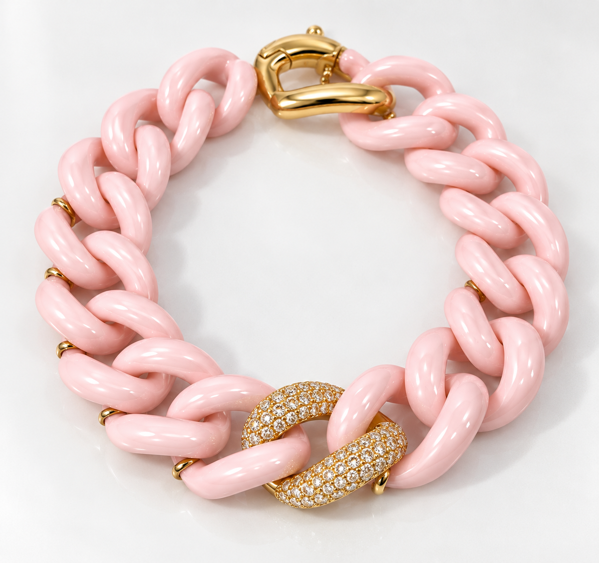 14K Yellow Gold Pink Ceramic & 0.57 CTW Diamond Pavé Cuban Link Bracelet