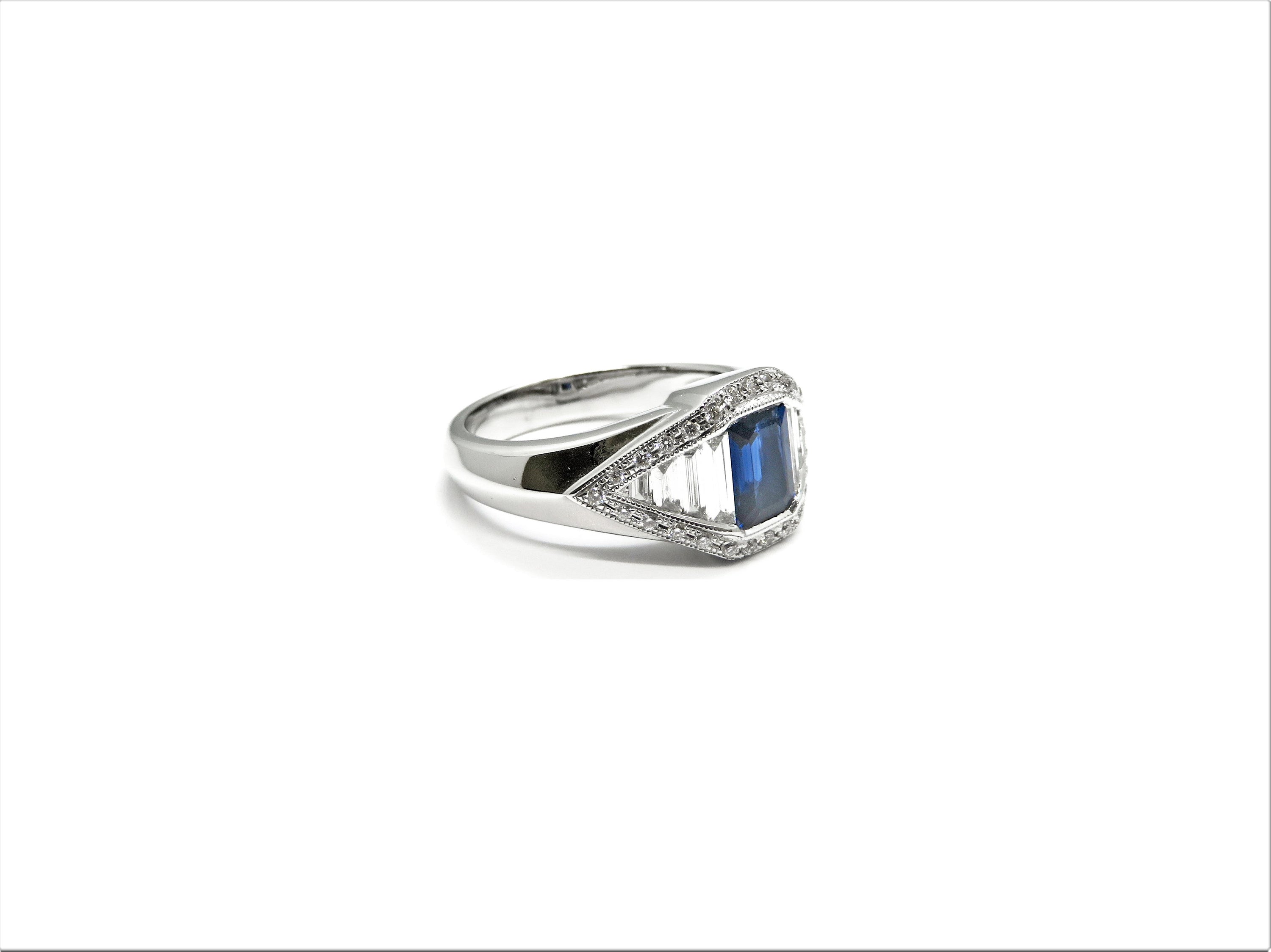 18K White Gold Emerald-Cut Blue Sapphire & Diamond Ring